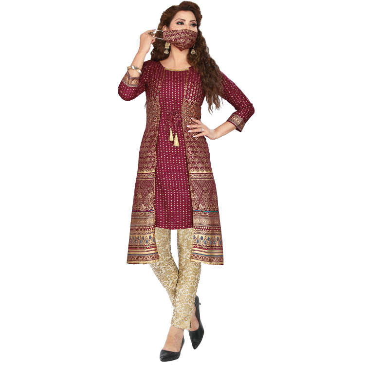 Women Red Wine Gold Print Long Kurti Top Q1361