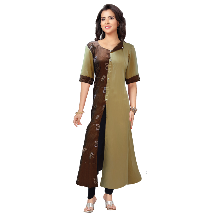 Women Brown Koshibo Short Sleeves Long Kurti Top Jippa Q1365