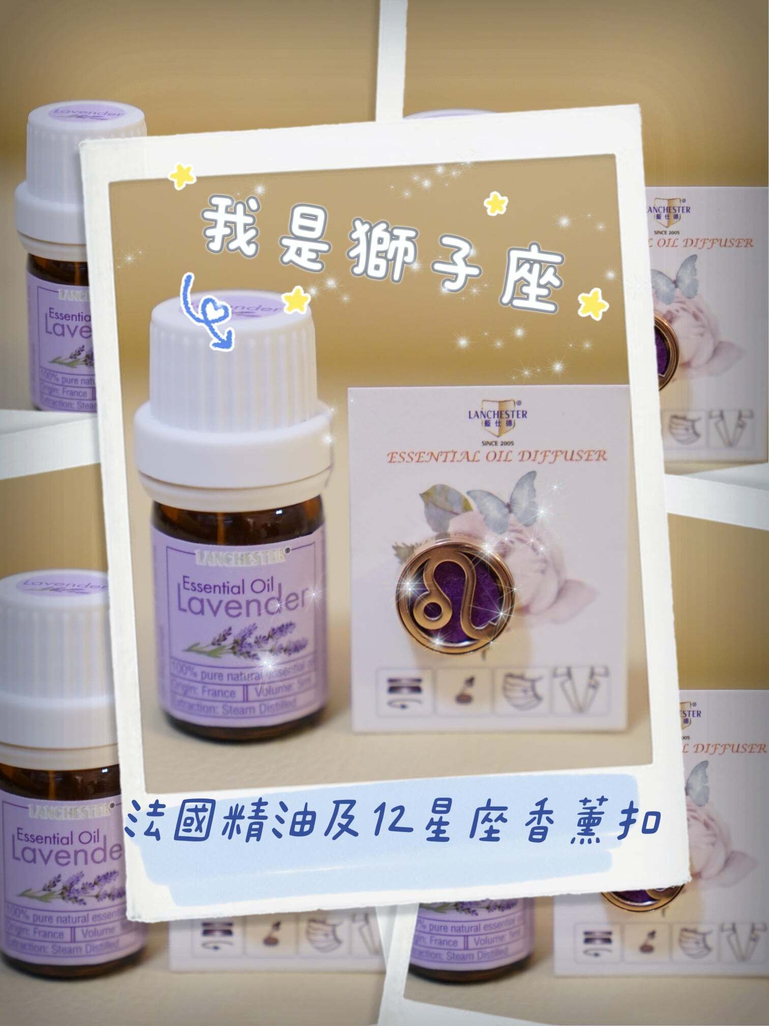 15mm 獅子座 圖案香薰扣 香精油釦 精油飾物 口罩/衣領適用 磁石釦 口罩香薰夾 (玫瑰金/古銅金)(連6片顏色隨機的可重用棉片)+薰衣草精油(隨機送上口罩3片)