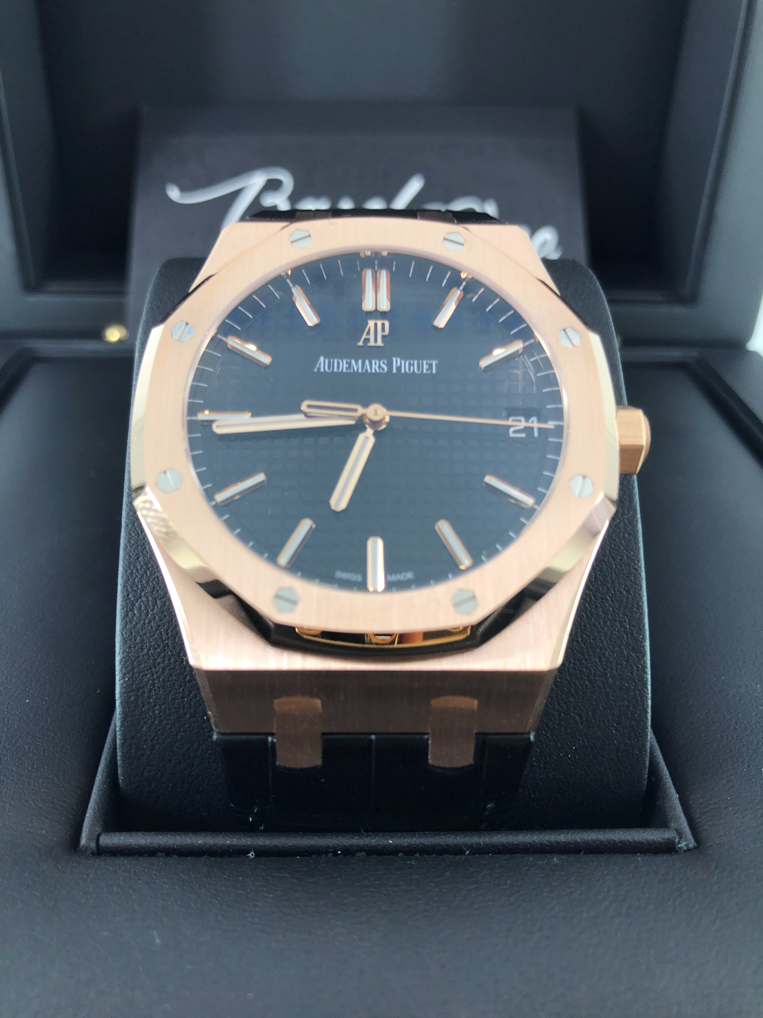 BRAND NEW AUDEMARS PIGUET 15500OR 15500 ROYAL OAK SELFWINDING ROSE GOLD LEATHER BLACK
