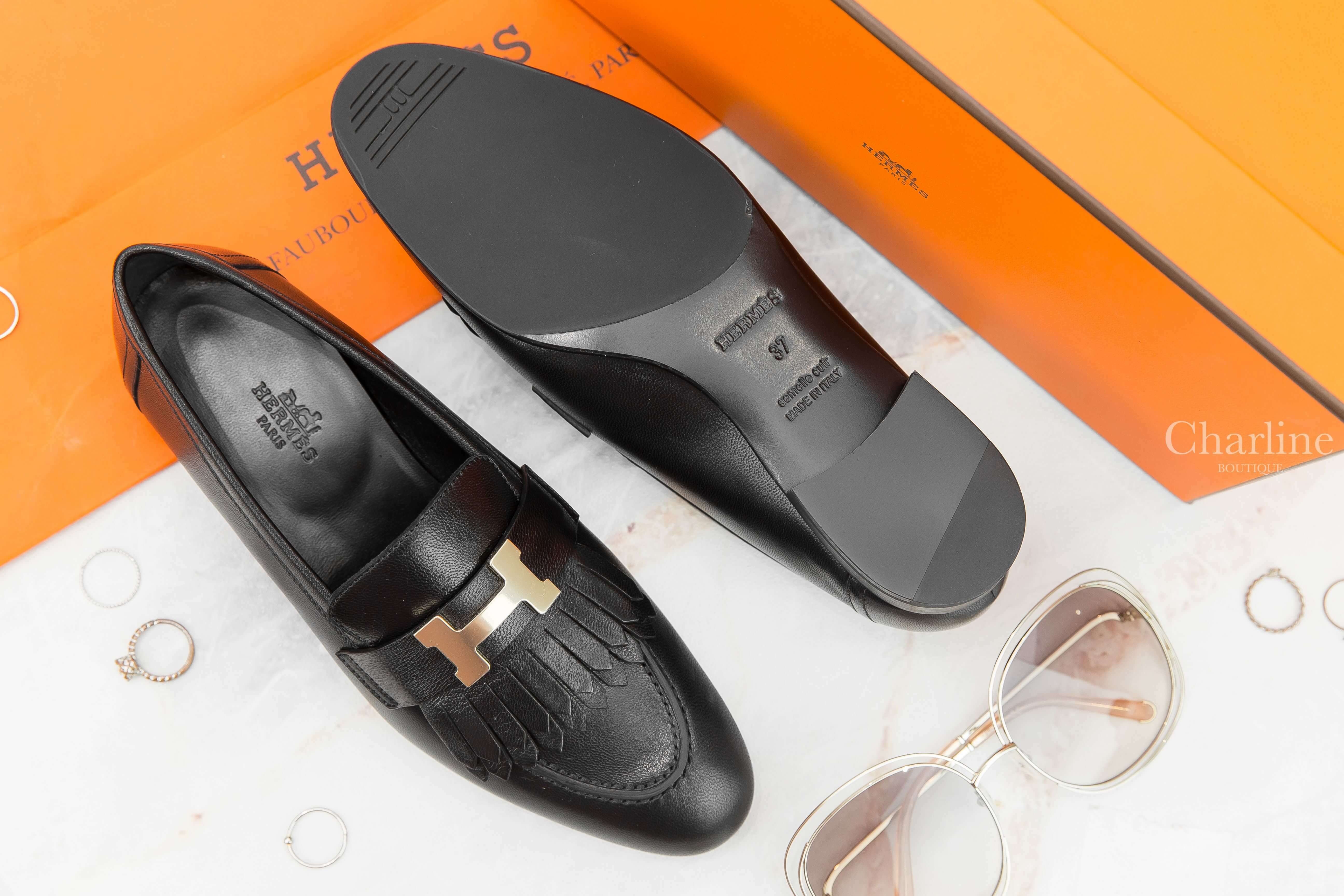 Hermès Royal Loafer 黑色金釦H流蘇山羊皮樂福鞋-Charline Boutique 精品代購