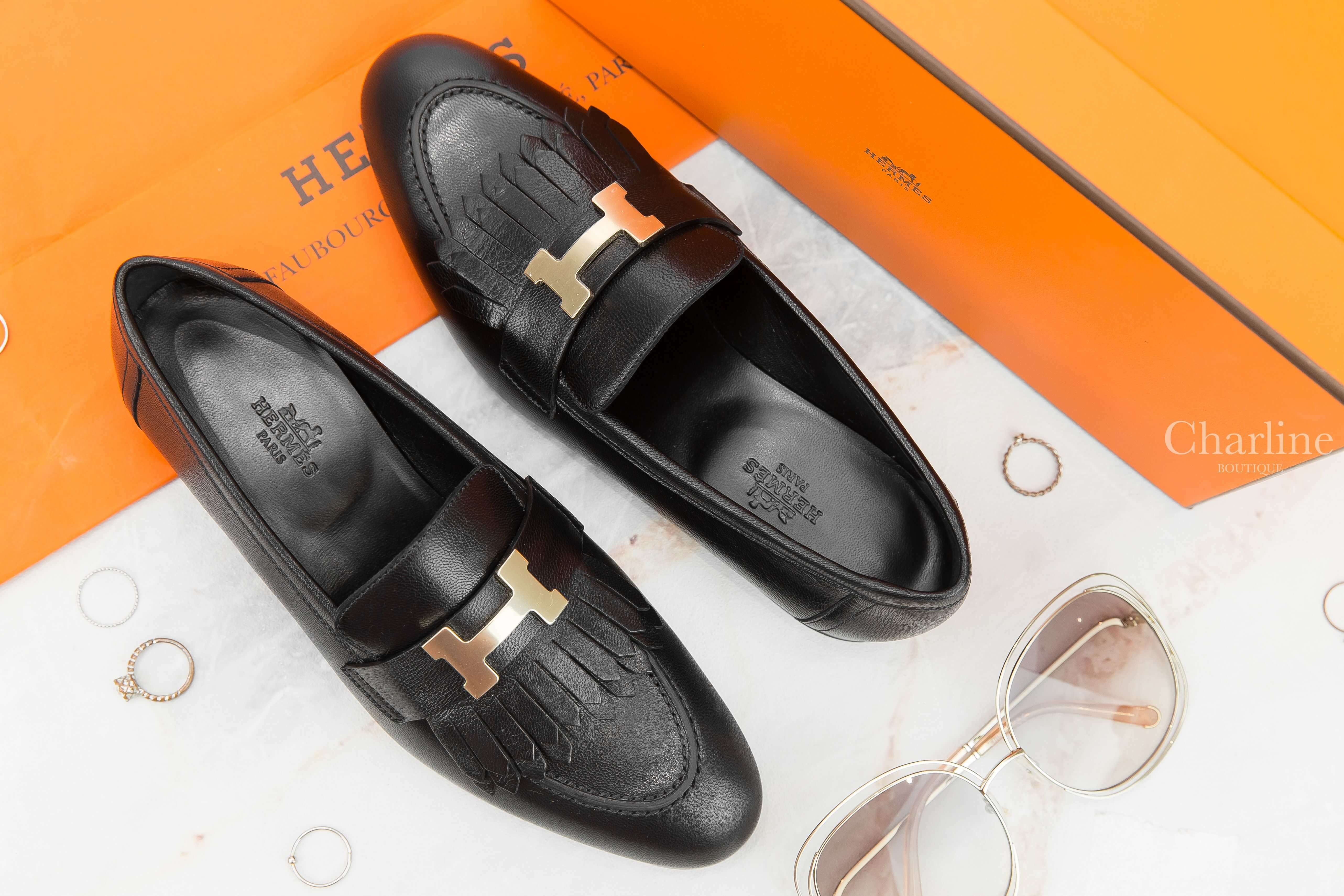Hermès Royal Loafer 黑色金釦H流蘇山羊皮樂福鞋-Charline Boutique 精品代購