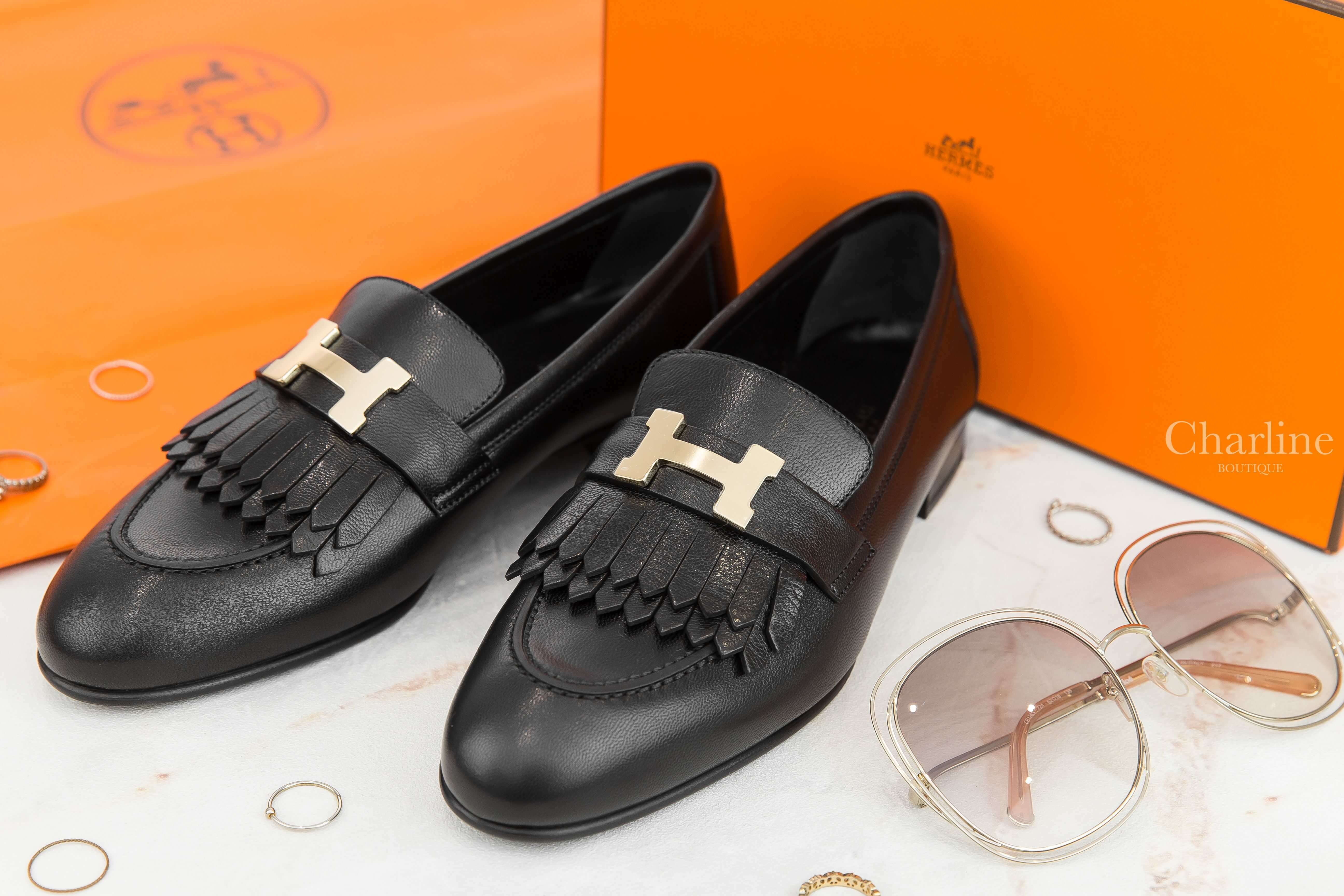 Hermès Royal Loafer 黑色金釦H流蘇山羊皮樂福鞋-Charline Boutique 精品代購