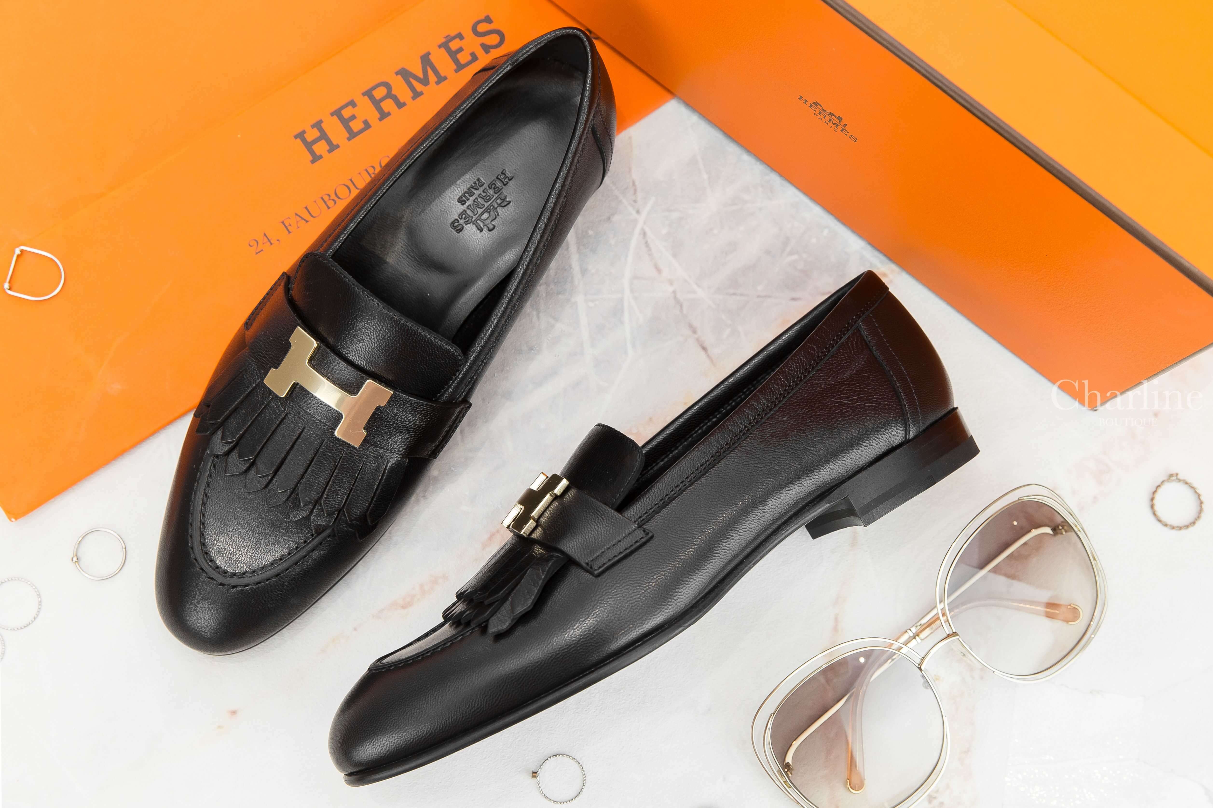 Hermès Royal Loafer 黑色金釦H流蘇山羊皮樂福鞋-Charline Boutique 精品代購