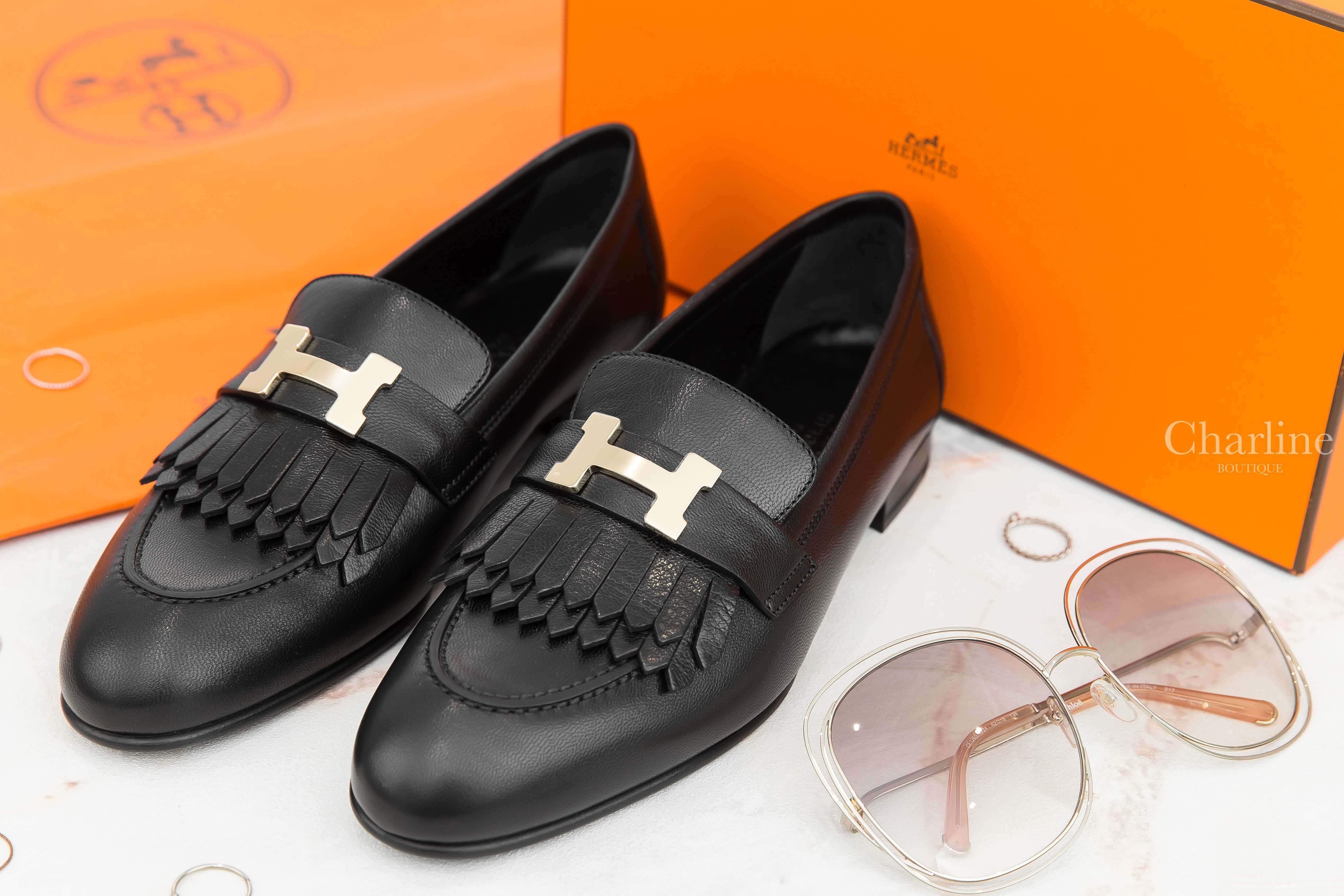 Hermès Royal Loafer 黑色金釦H流蘇山羊皮樂福鞋-Charline Boutique 精品代購