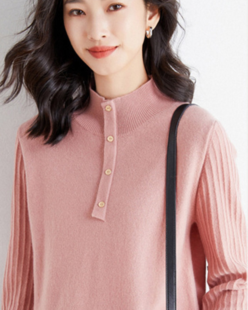 【零碼出清不退換】半高領直紋袖針織上衣