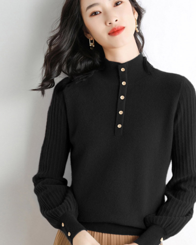 DEER.W 半高領直紋袖針織上衣 黑色