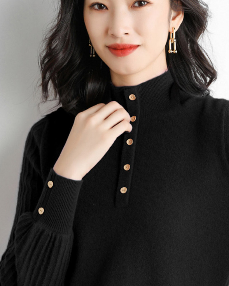 DEER.W 半高領直紋袖針織上衣 黑色