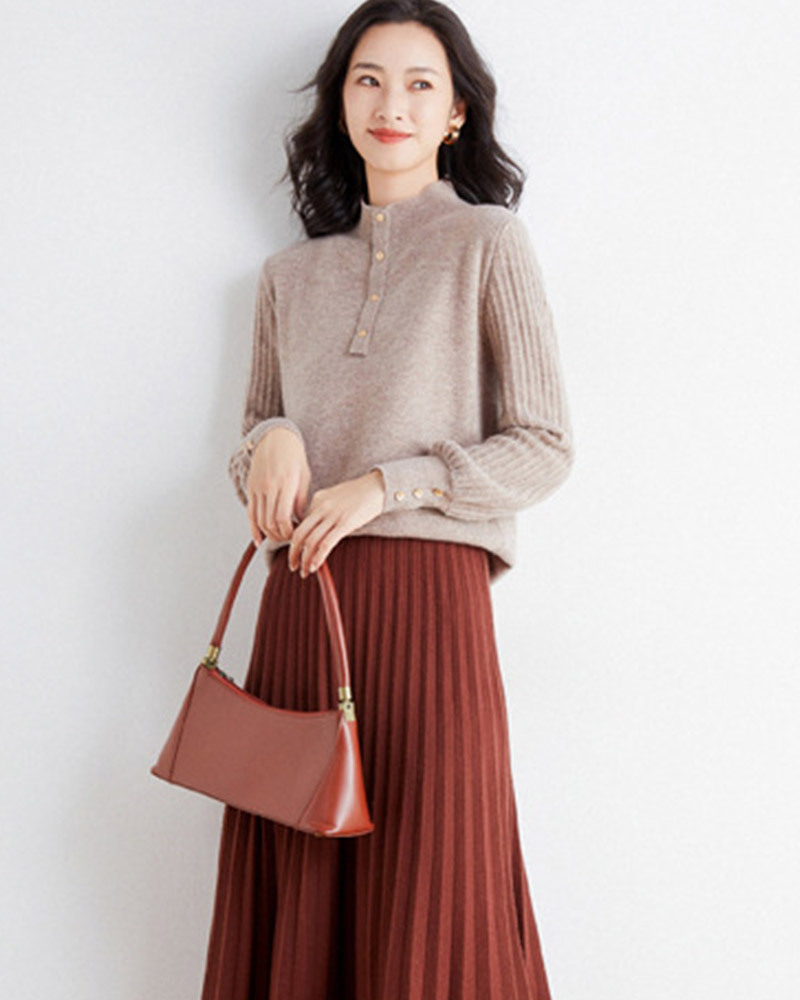 DEER.W 半高領直紋袖針織上衣 灰駝