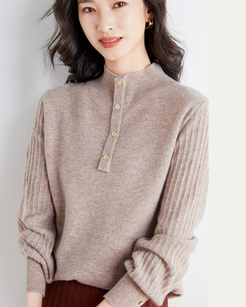 DEER.W 半高領直紋袖針織上衣 灰駝