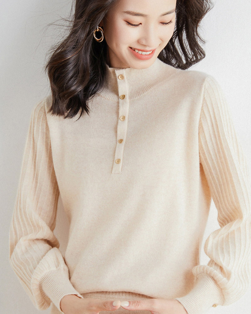 DEER.W 半高領直紋袖針織上衣 杏色