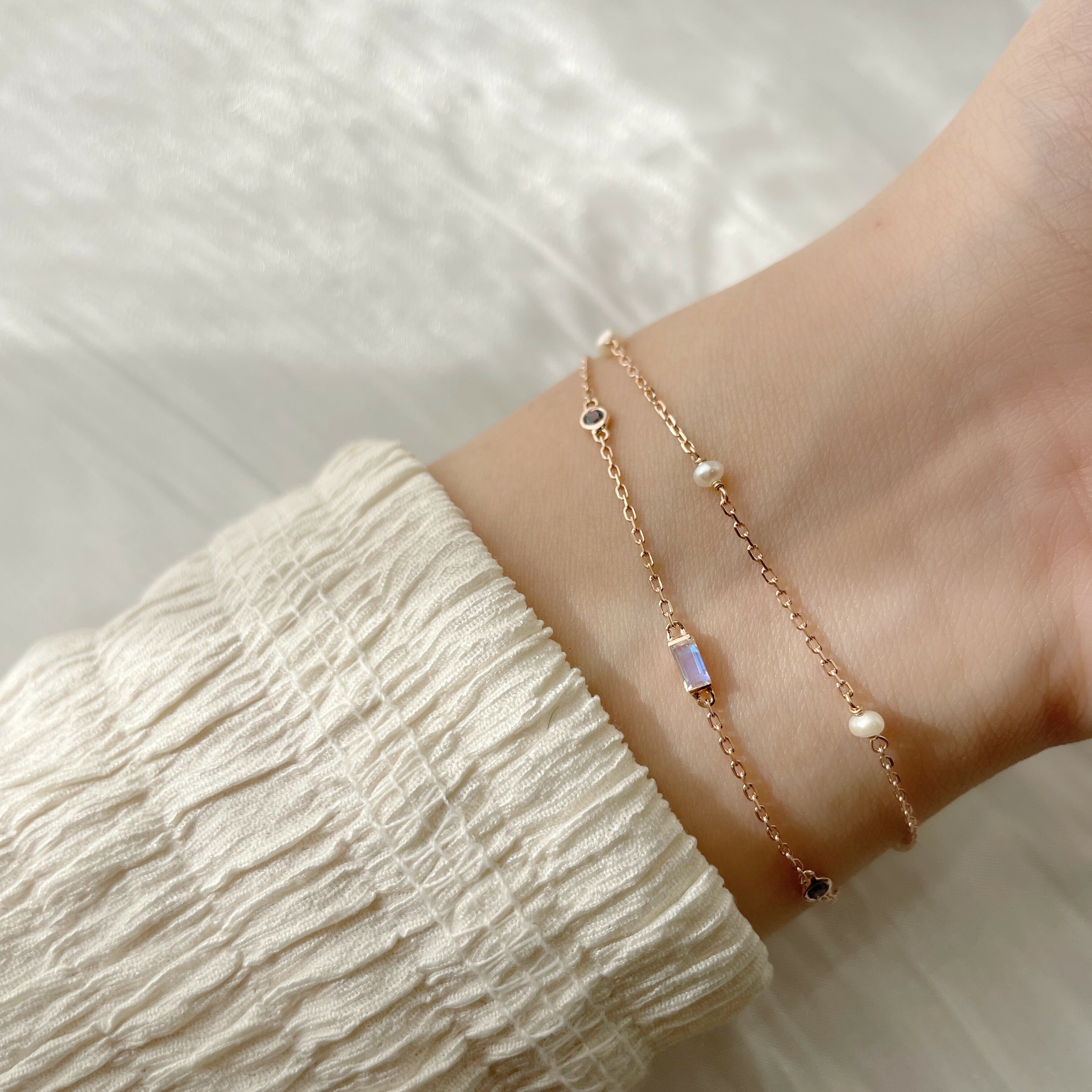 14K Ribbon Blue珍珠雙層手鏈