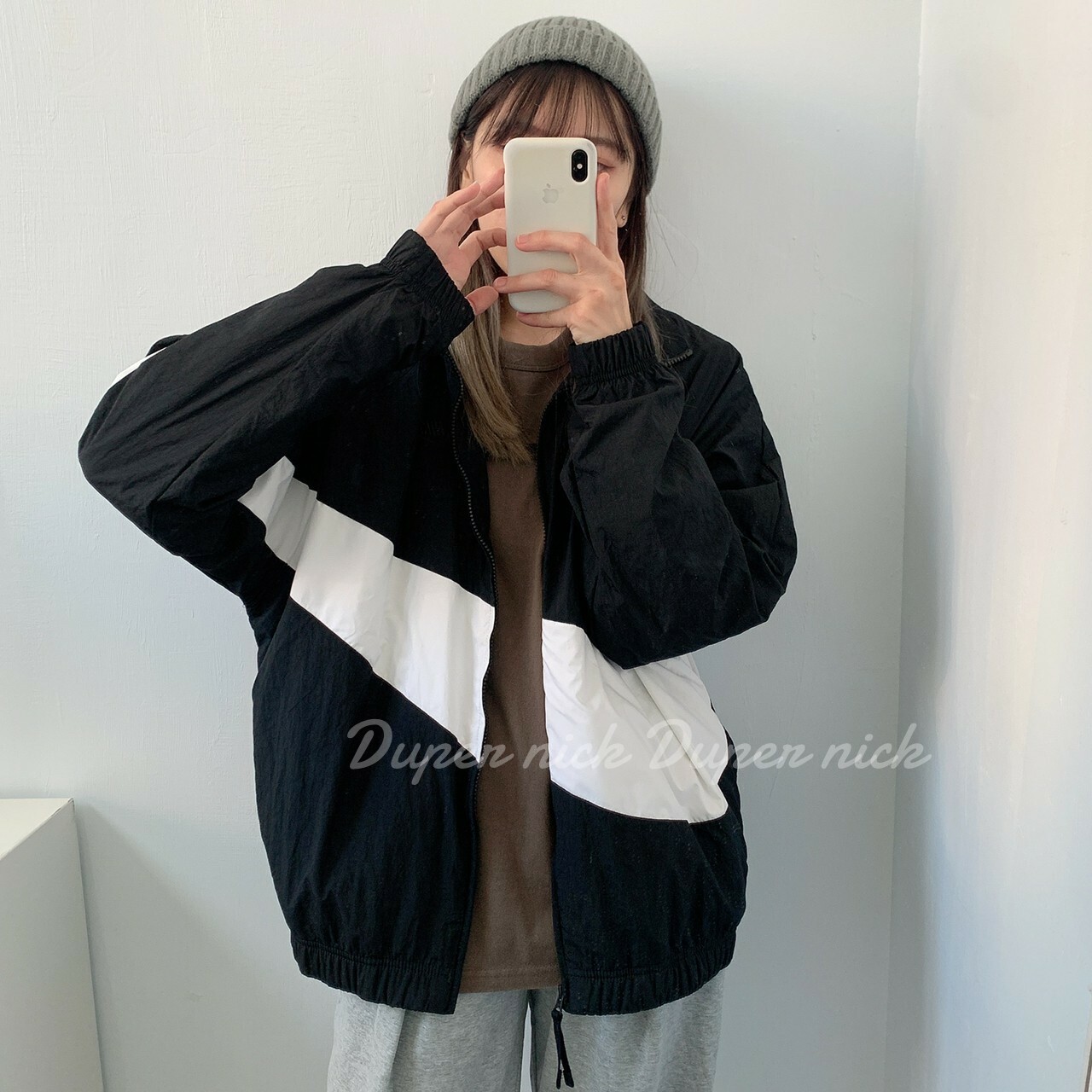 NIKE SWOOSH  黑白大勾 防風尼龍 外套 男生