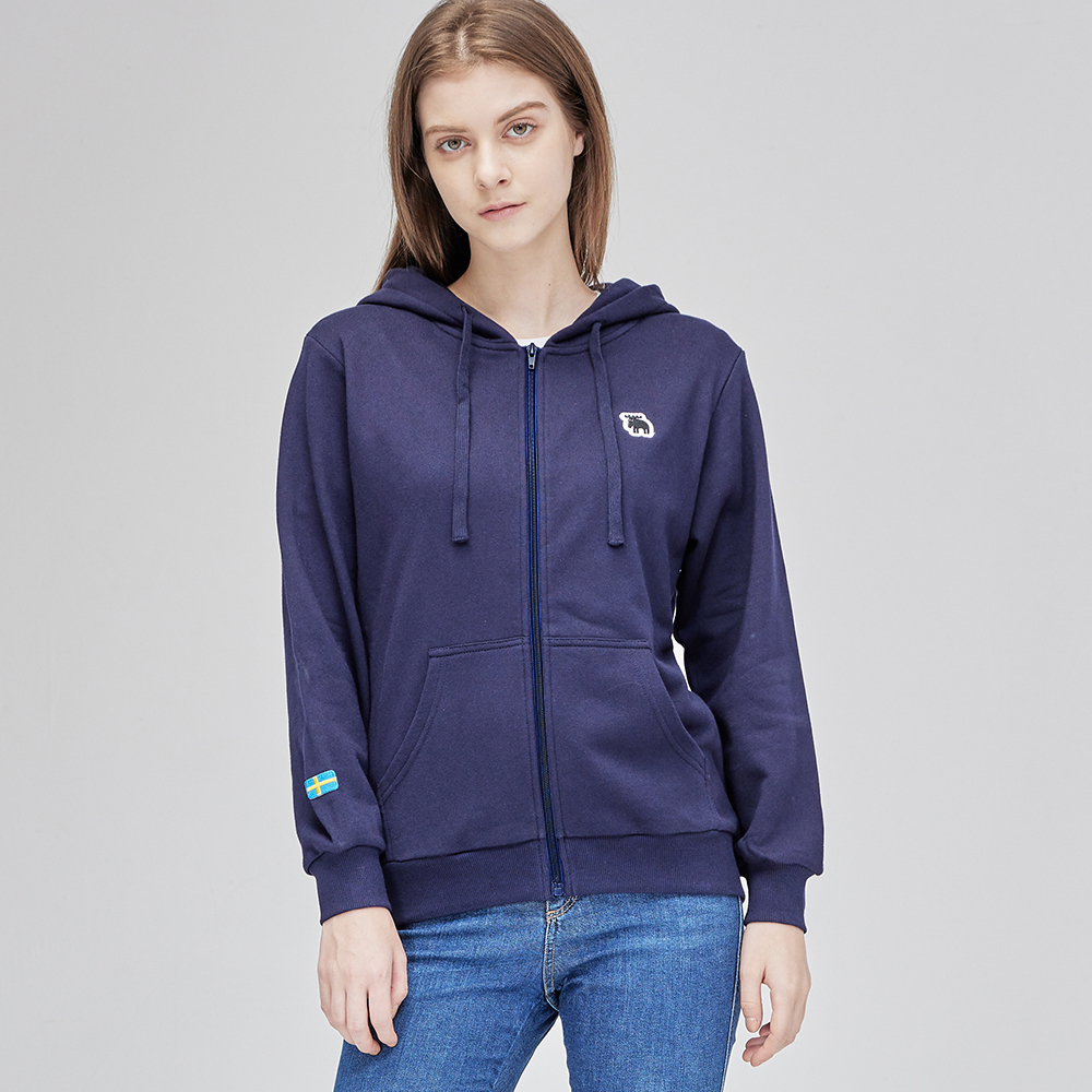 moz瑞典立體字刺繡駝鹿素色連帽外套-藏青(亞洲版) 男女款