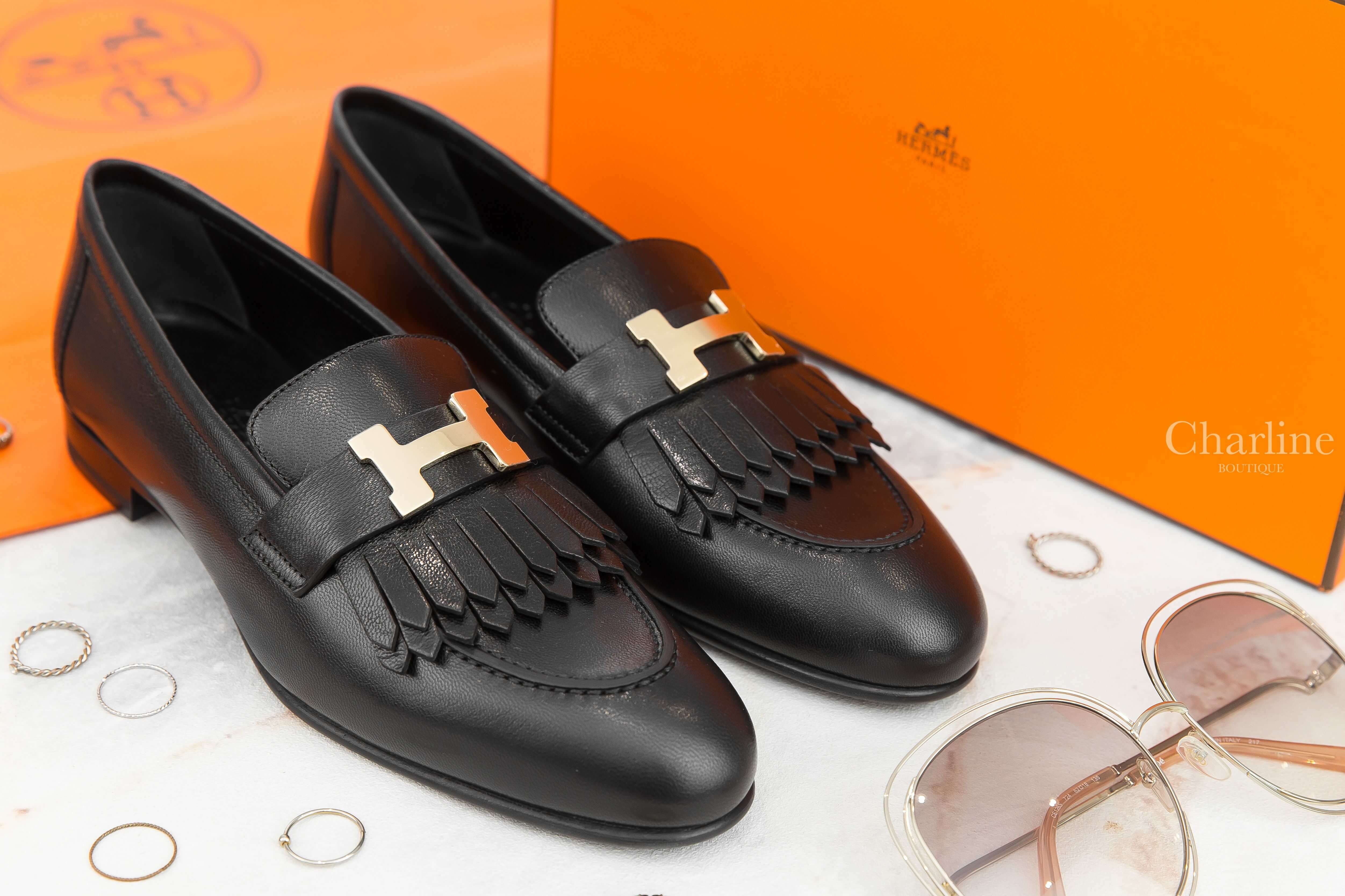Hermès Royal Loafer 黑色金釦H流蘇山羊皮樂福鞋