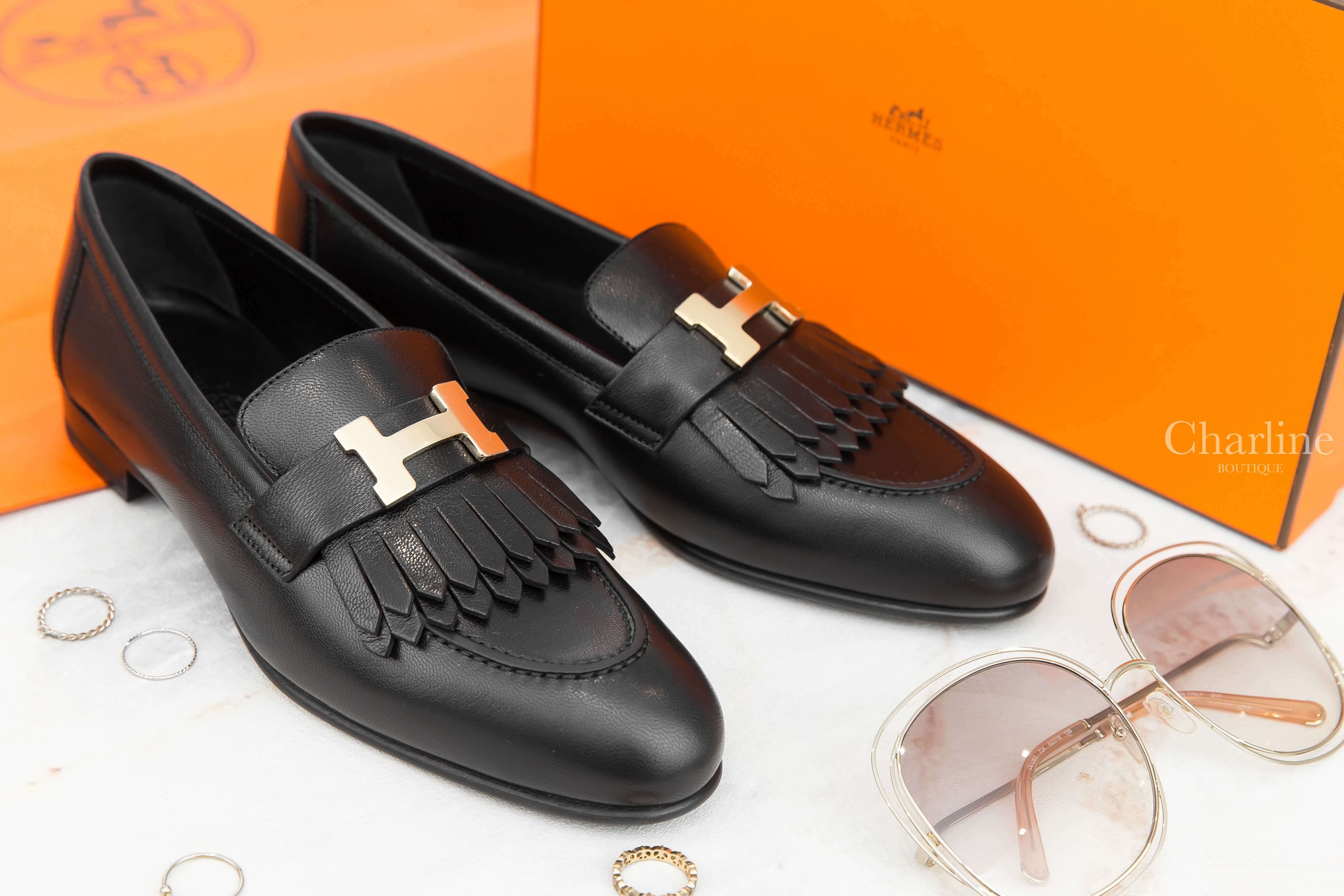 Hermès Royal Loafer 黑色金釦H流蘇山羊皮樂福鞋-Charline Boutique 精品代購