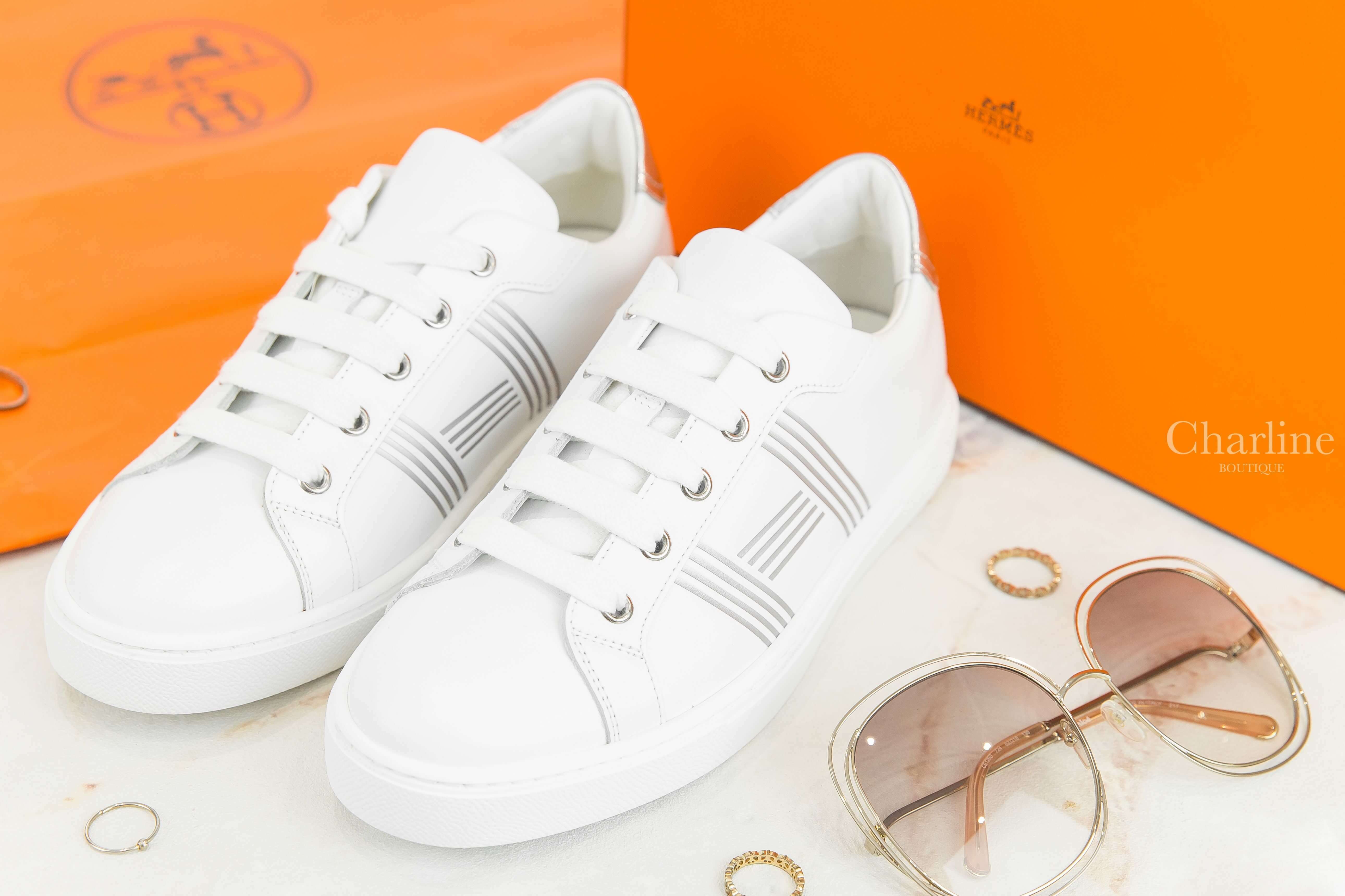 Hermès Avantage Sneaker 白色銀灰線條H小牛皮運動鞋-Charline Boutique 精品代購