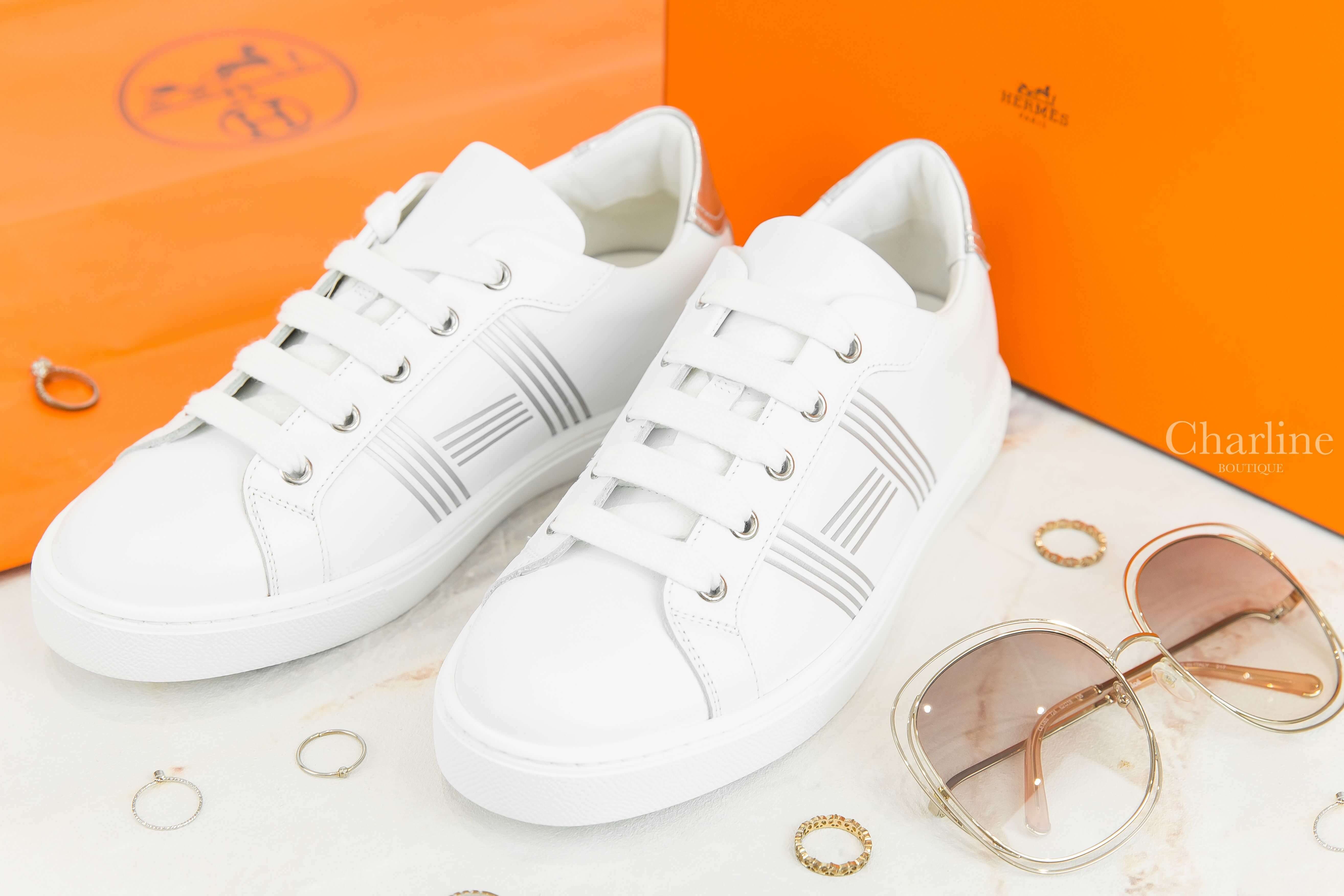Hermès Avantage Sneaker 白色銀灰線條H小牛皮運動鞋-Charline Boutique 精品代購