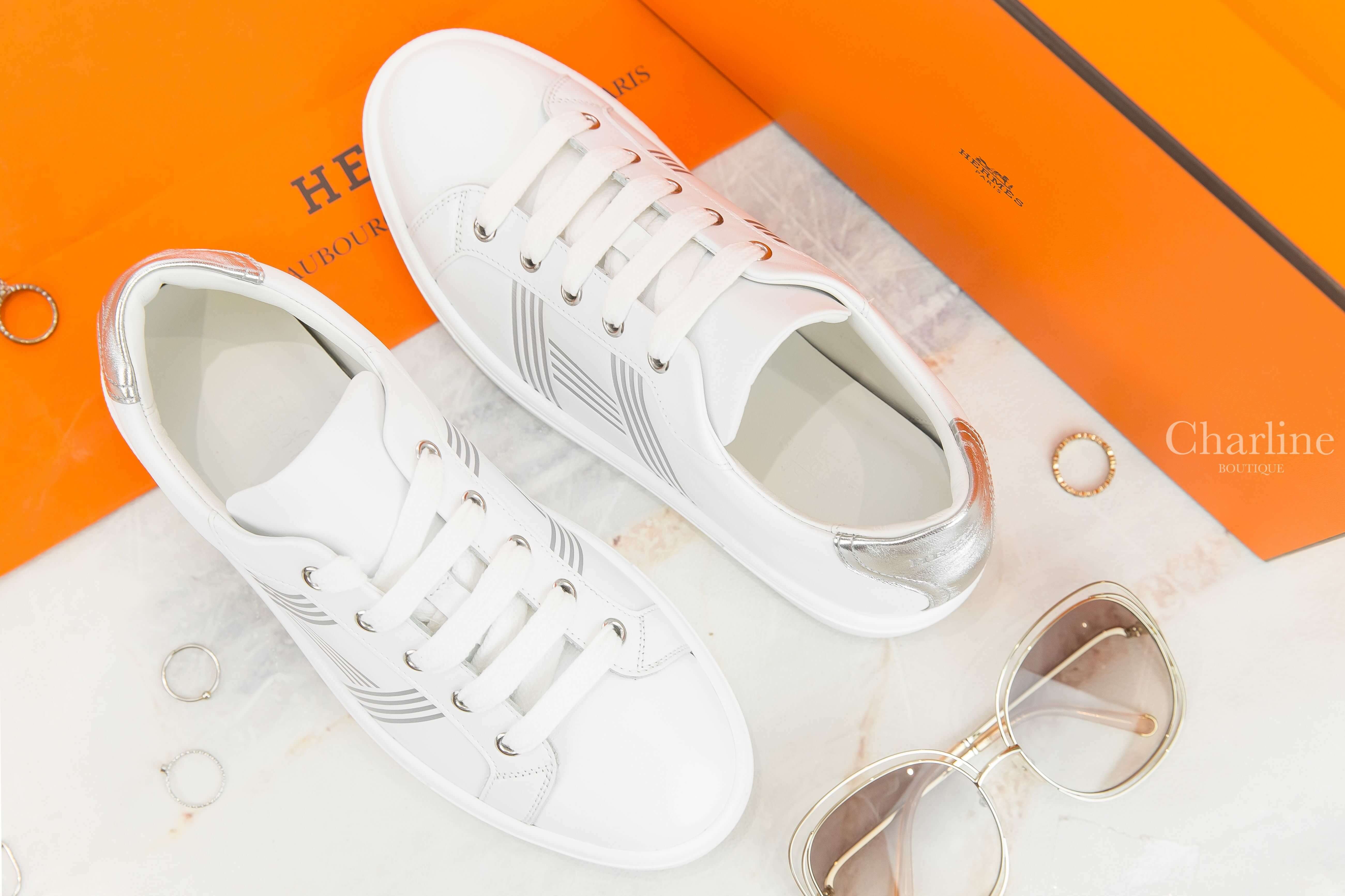 Hermès Avantage Sneaker 白色銀灰線條H小牛皮運動鞋-Charline Boutique 精品代購