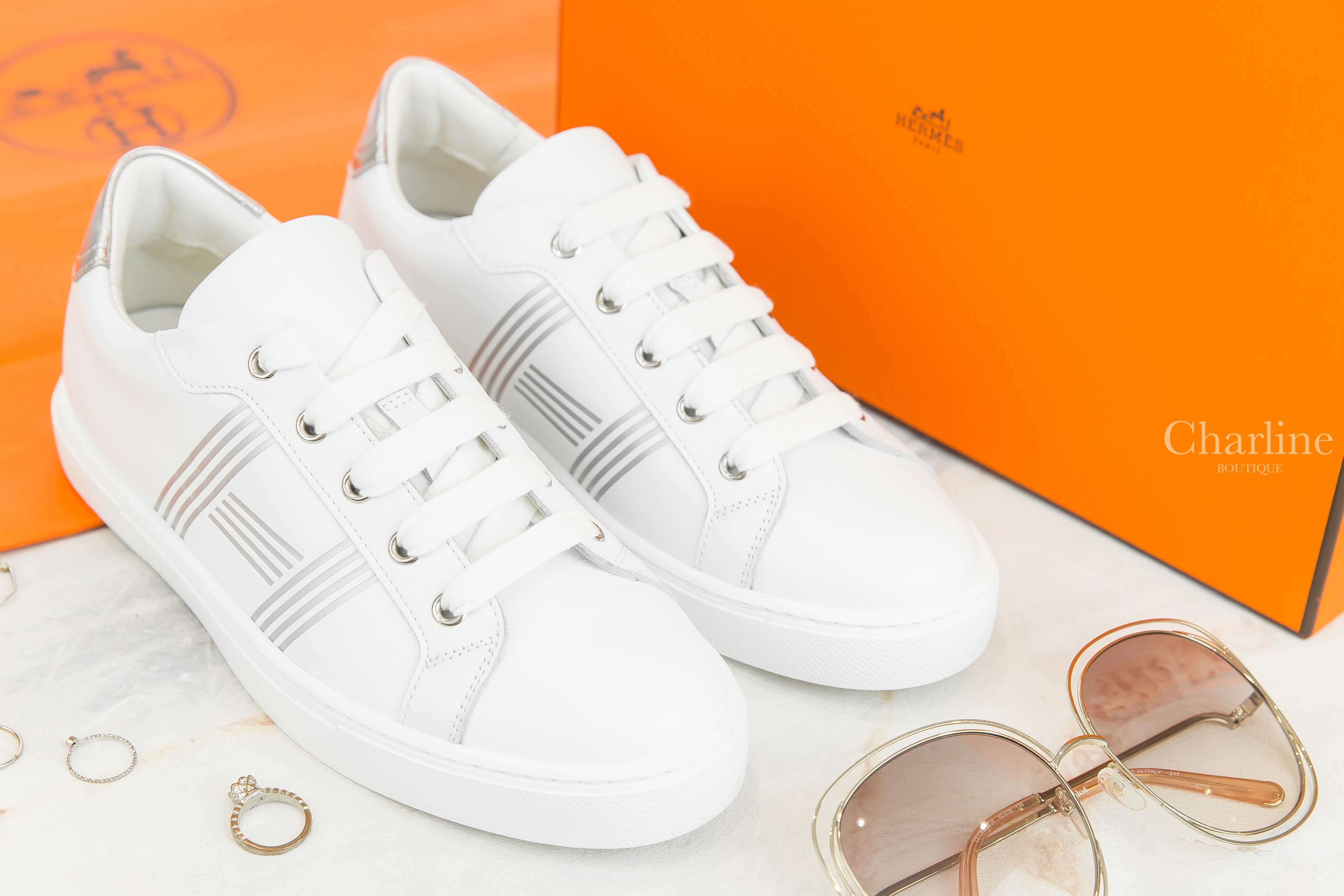 Hermès Avantage Sneaker 白色銀灰線條H小牛皮運動鞋-Charline Boutique 精品代購