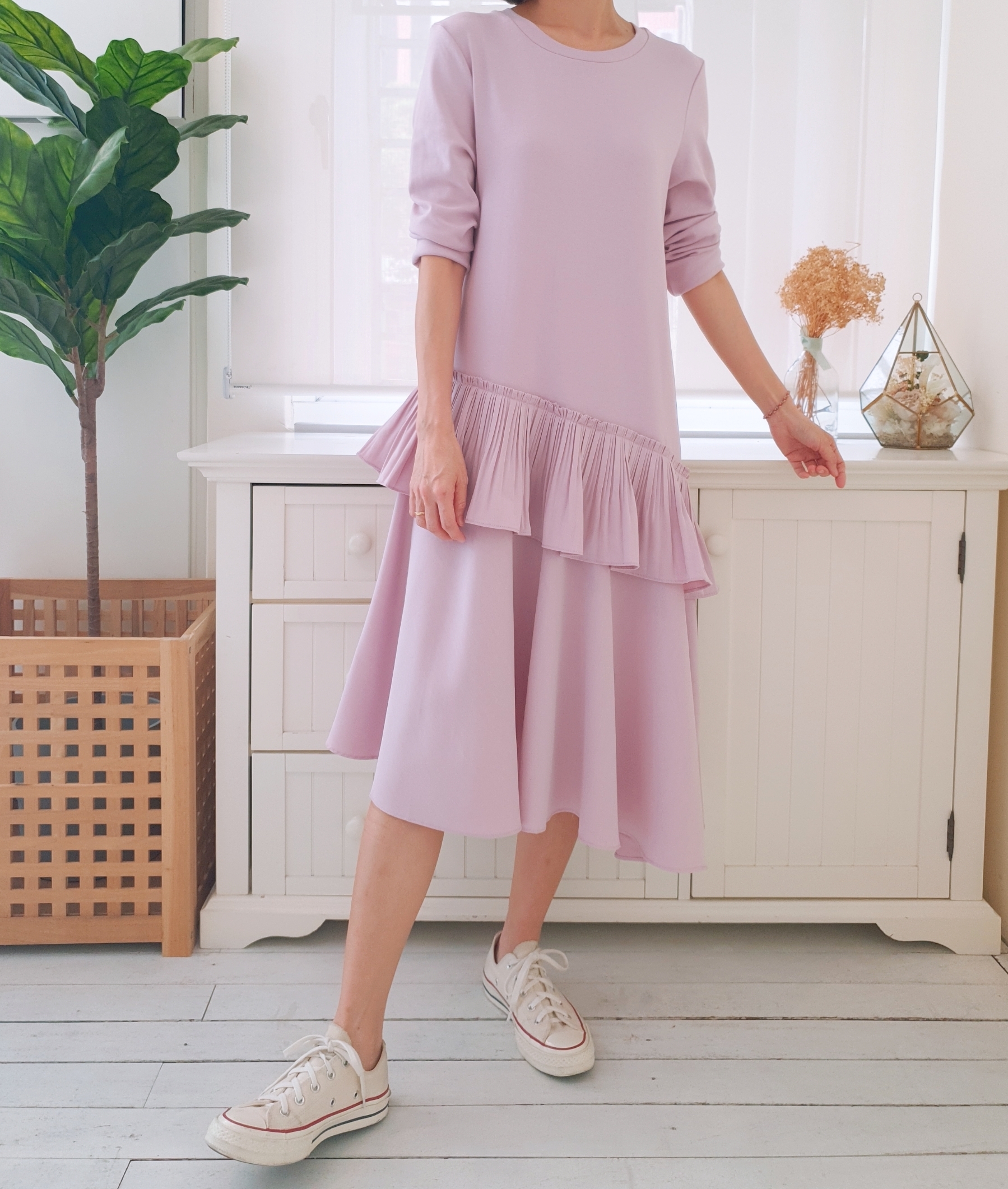 RUFFLED L/SLEEVE MIDI SHIFT DRESS