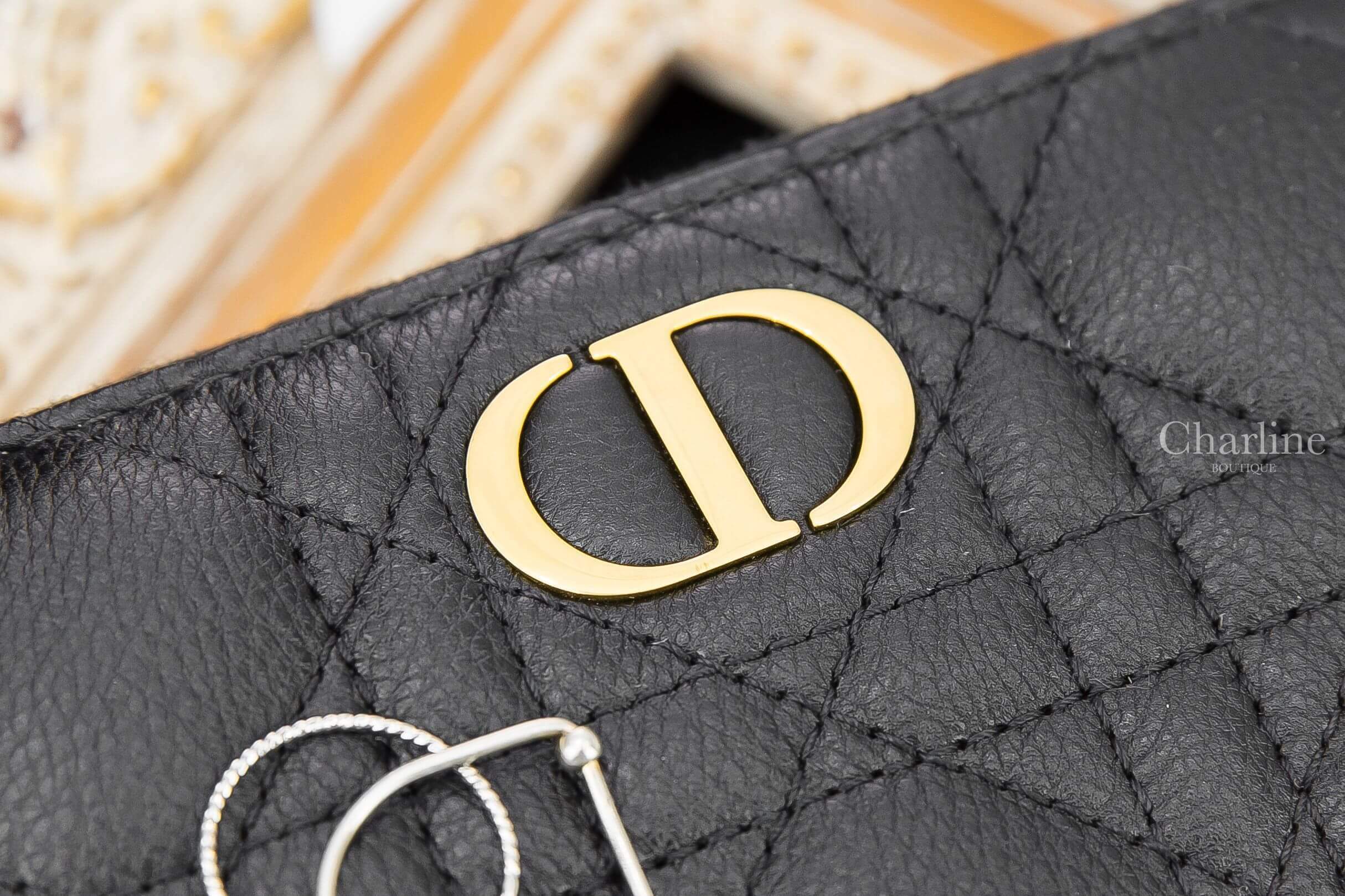Dior Dior Caro Voyageur Wallet 黑色金釦小牛皮藤格紋拉鍊長夾