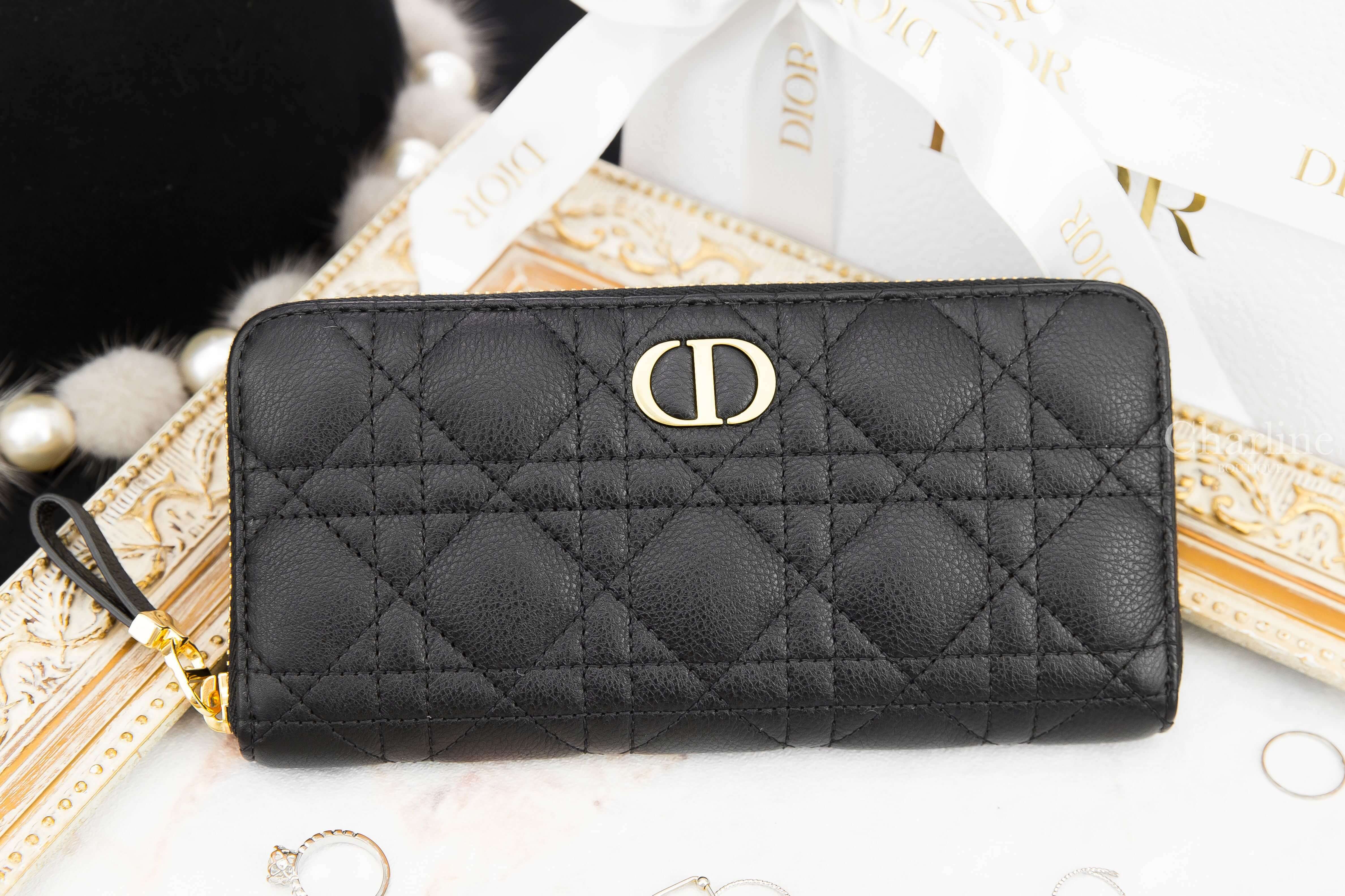 Dior Dior Caro Voyageur Wallet 黑色金釦小牛皮藤格紋拉鍊長夾