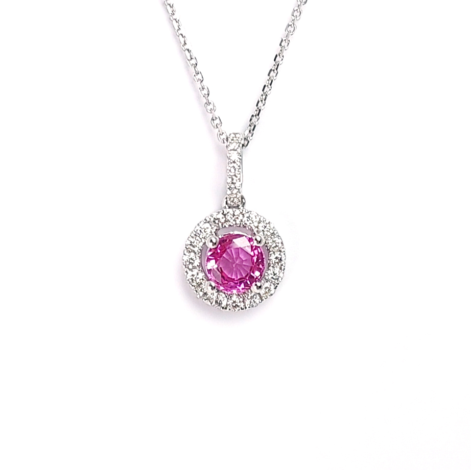 18K白金天然鑽石及粉紅藍寶吊墜