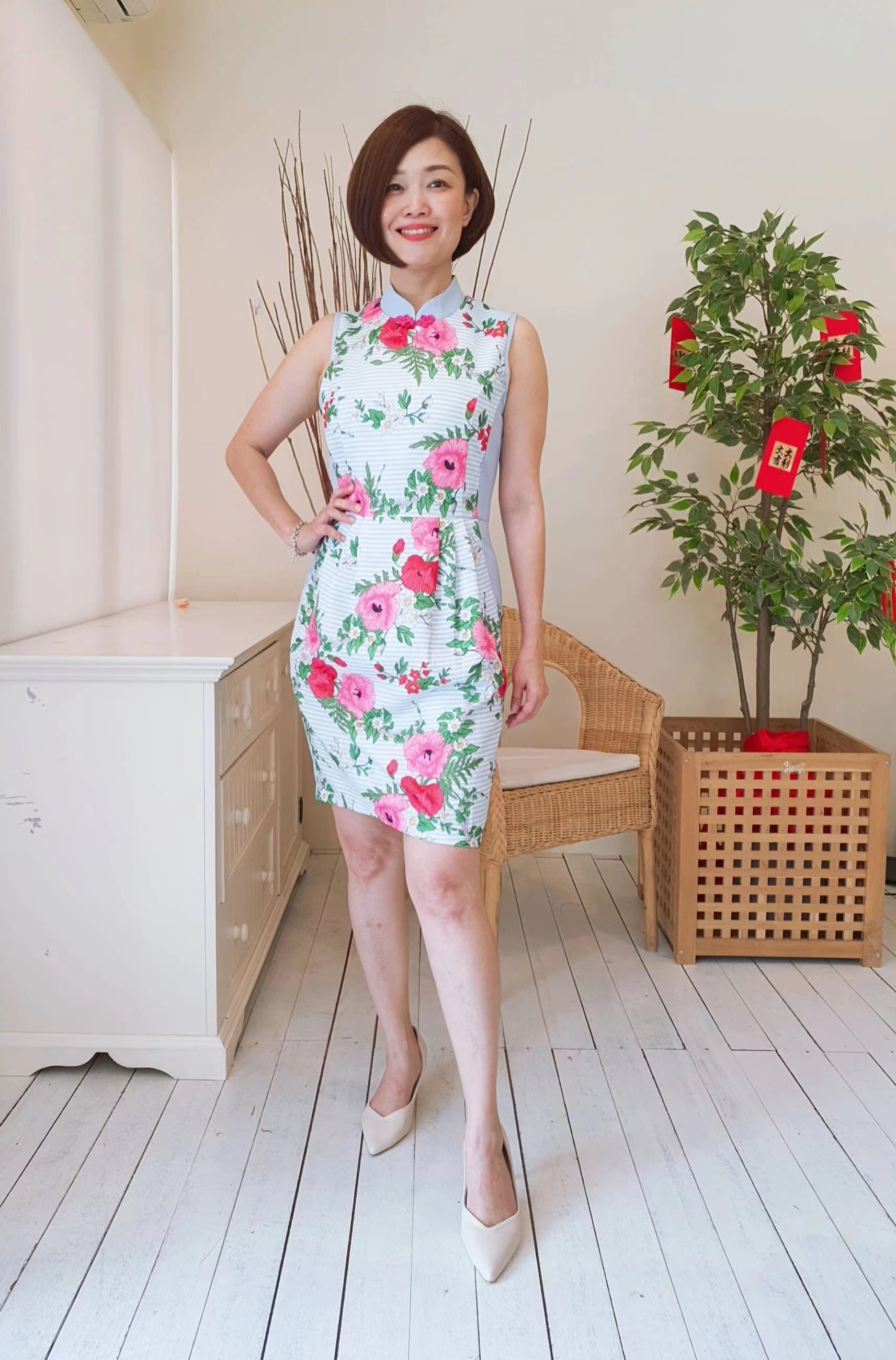 STRIPES FLORAL PANEL CHEONGSAM DRESS