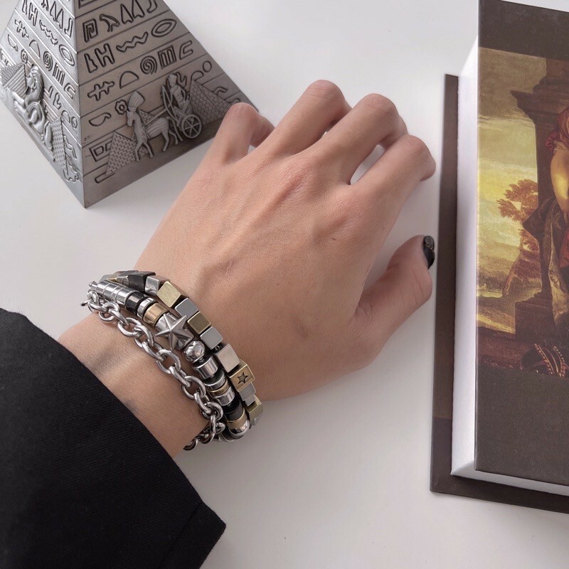 三層星星珠珠手鍊/多層次/方塊/仿舊/鈦鋼 現貨