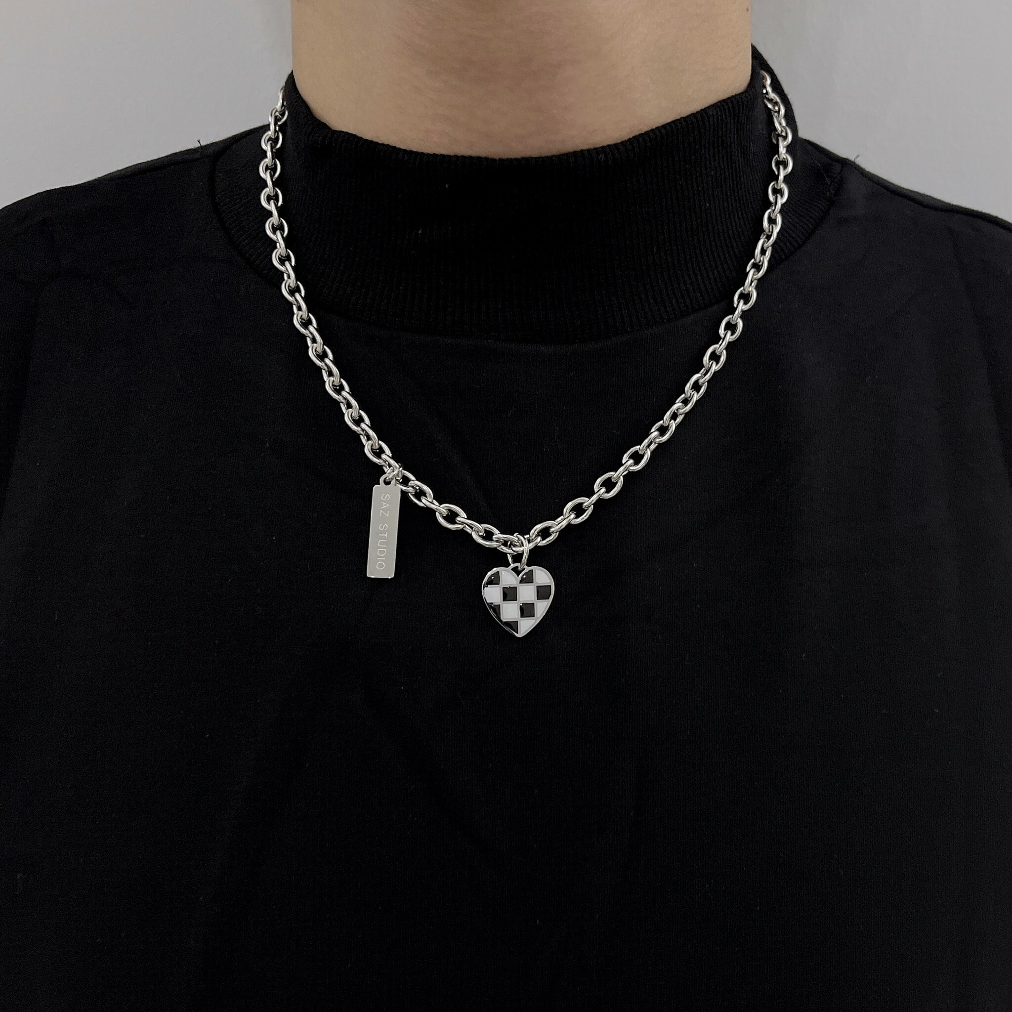 棋盤格愛心項鍊 手鍊 /黑白格/鐵牌/鈦鋼 現貨