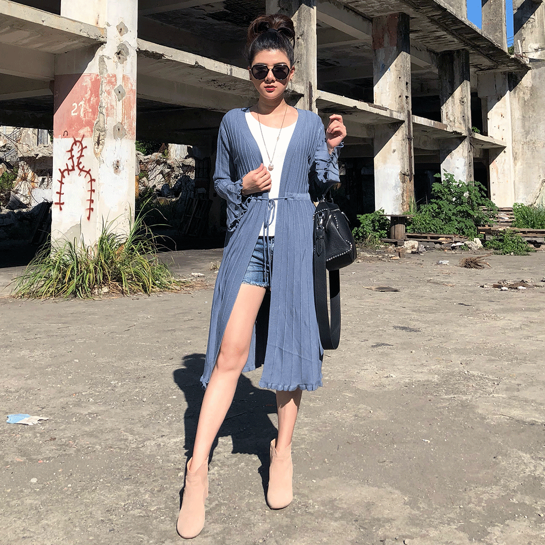 喇叭袖長版針織外套