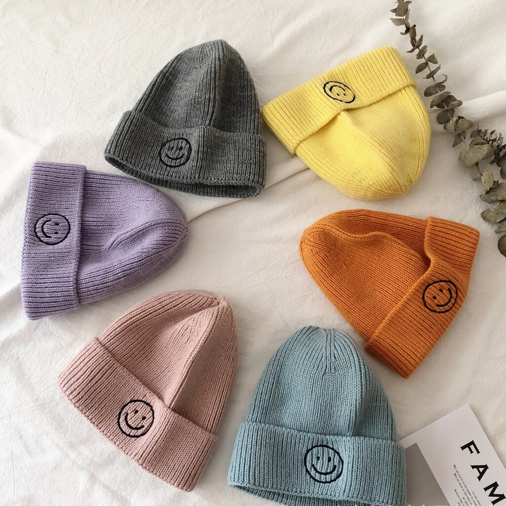糖果色系刺繡笑臉針織帽 14色