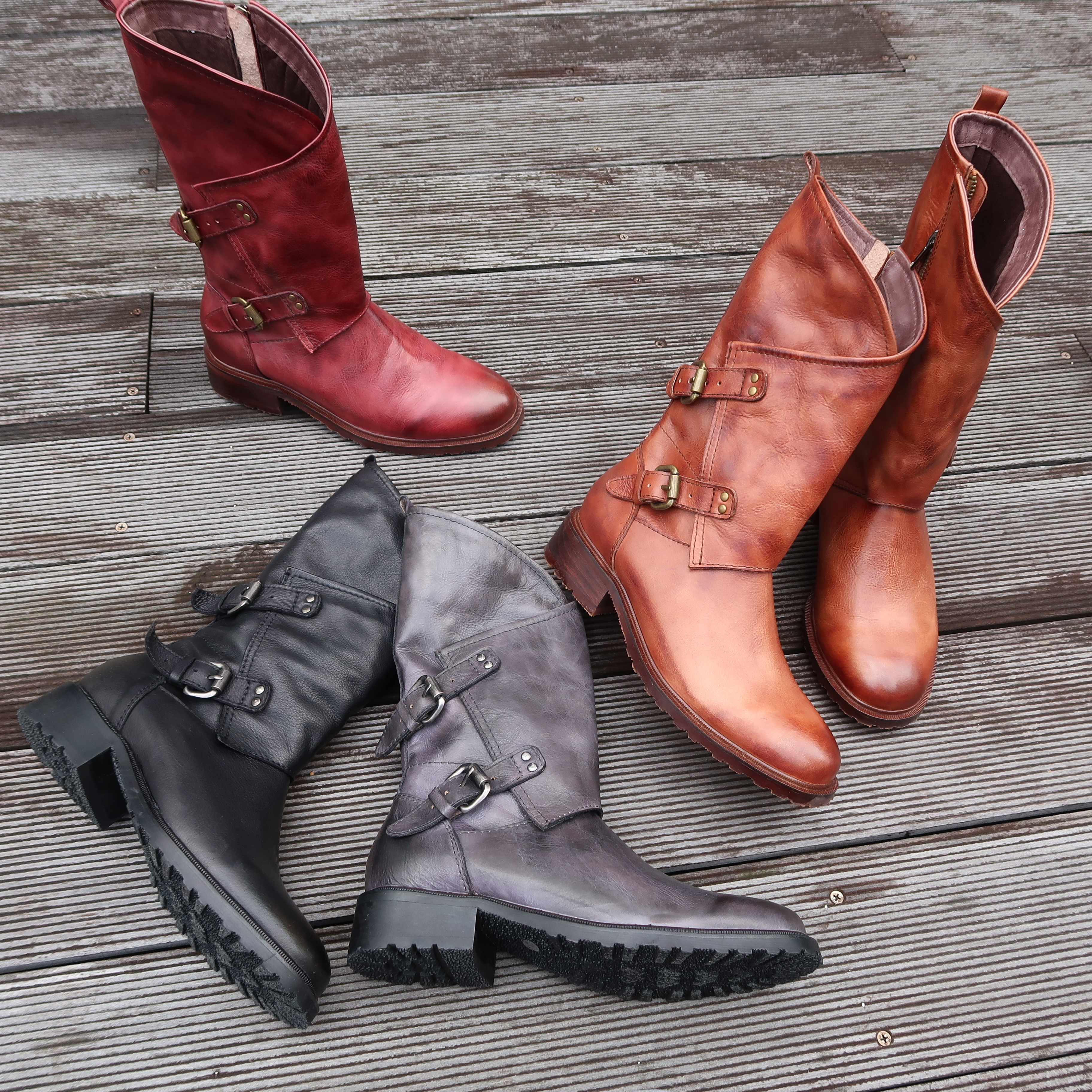 【惡魔之島】進口苯染牛皮V口斜口扣環可調整中靴短靴