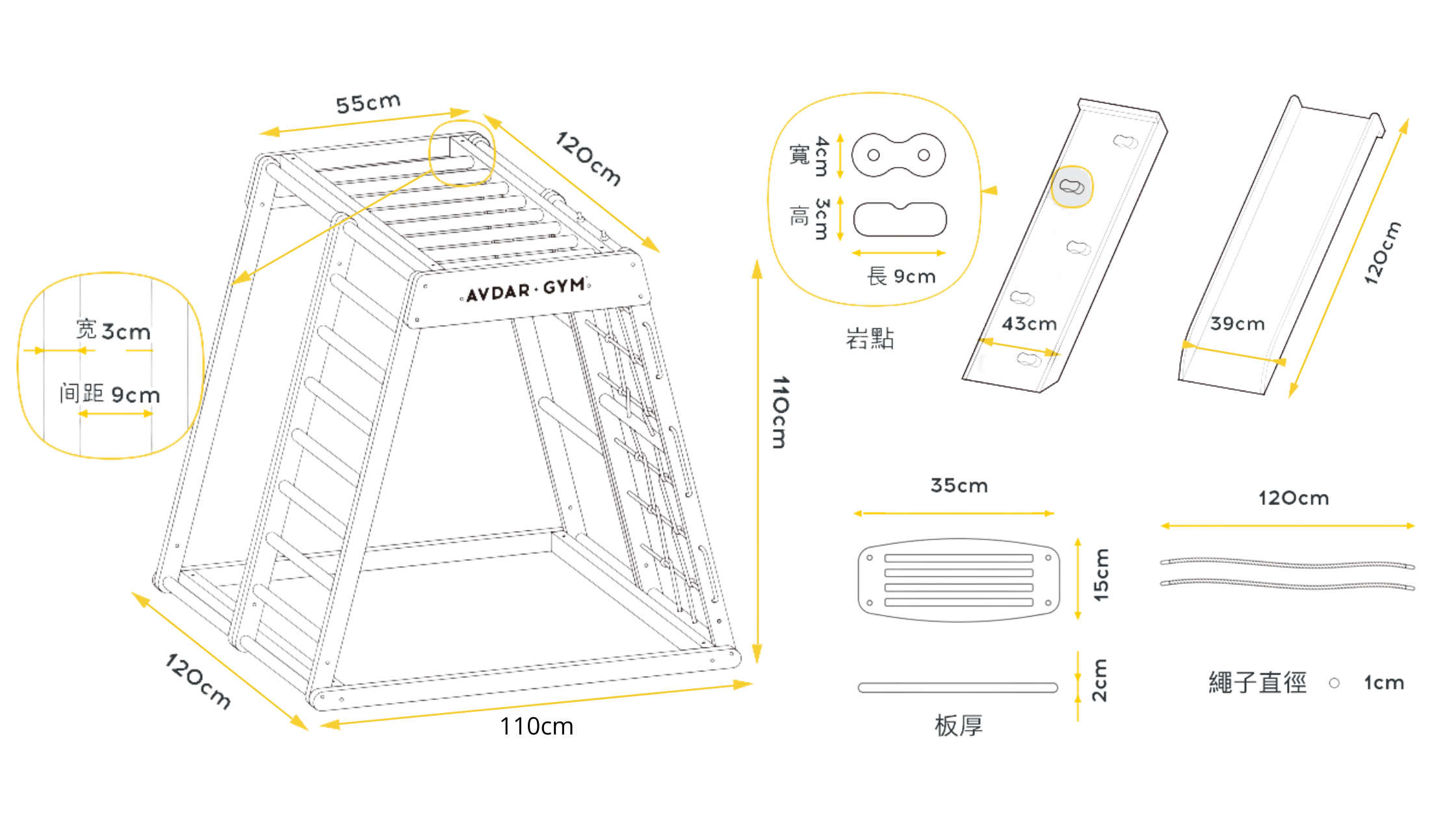AVDAR GYM 詳細尺寸圖，長120公分，寬110公分，高110公分