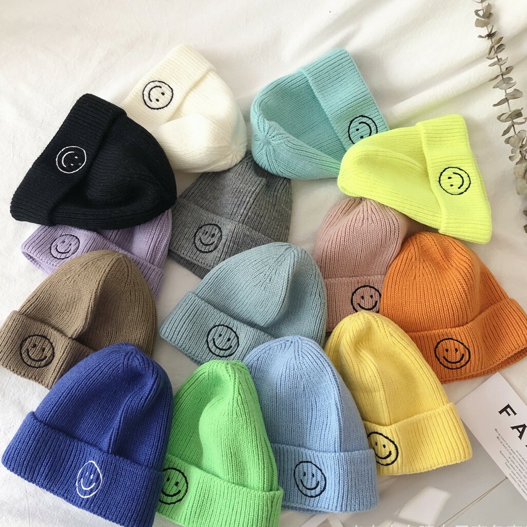 糖果色系刺繡笑臉針織帽 14色