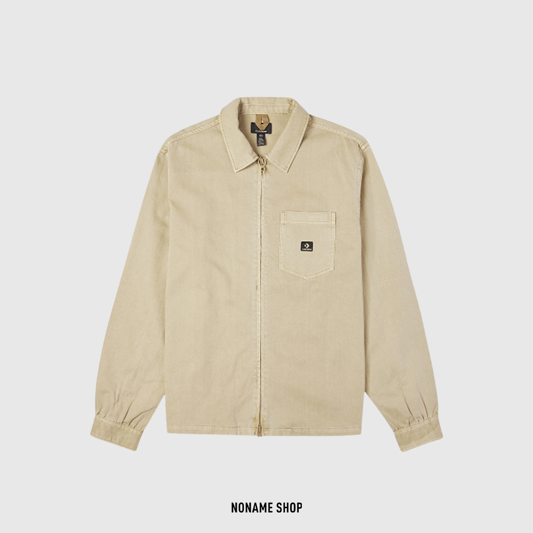 CONVERSE Woven Zipper 經典黑標 Logo 單口袋 拉鍊 水洗 襯衫 卡其