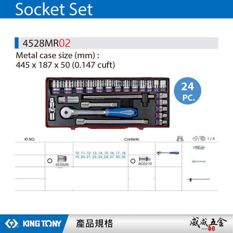 KING TONY 金統立｜10-32mm四分套筒組24件式 1/2" 4分六角套筒扳手組｜4528MR02｜台灣製｜公司貨