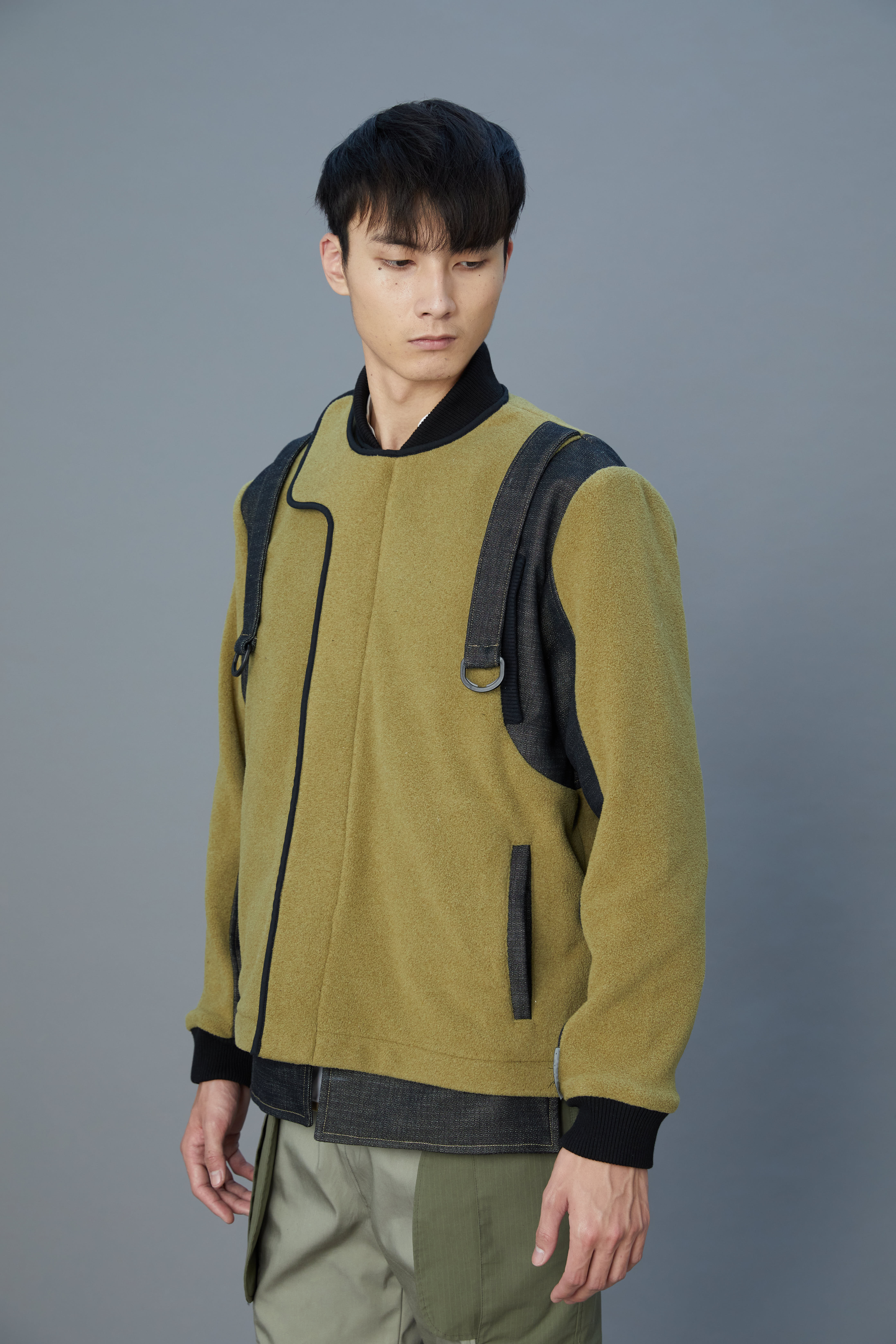 牡蠣絨拼接外套 - 霧綠