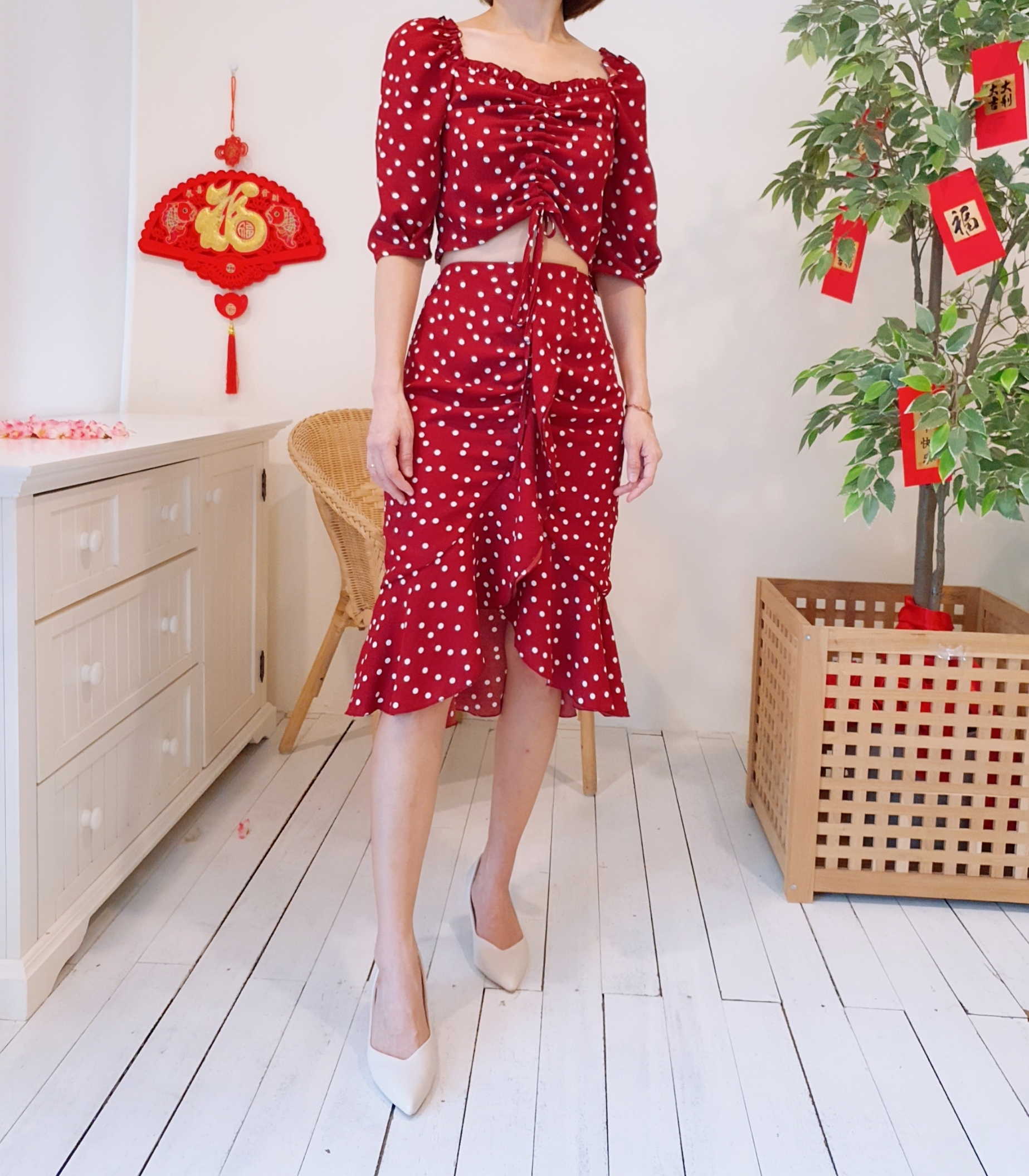 POLKA DOT DRAWSTRIN TWO PIECES SKIRT SET SUIT