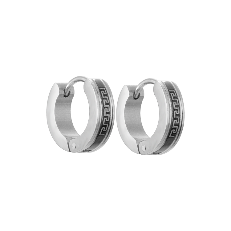 白鋼耳飾，男士耳環 4mm寬黑線條耳釘；東方長城紋環扣設計（7348）