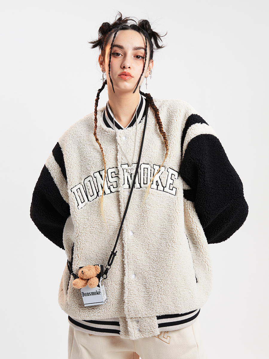 I DON‘T SMOKE 鱷魚紋logo皮繡 拼接羊羔毛 棒球外套