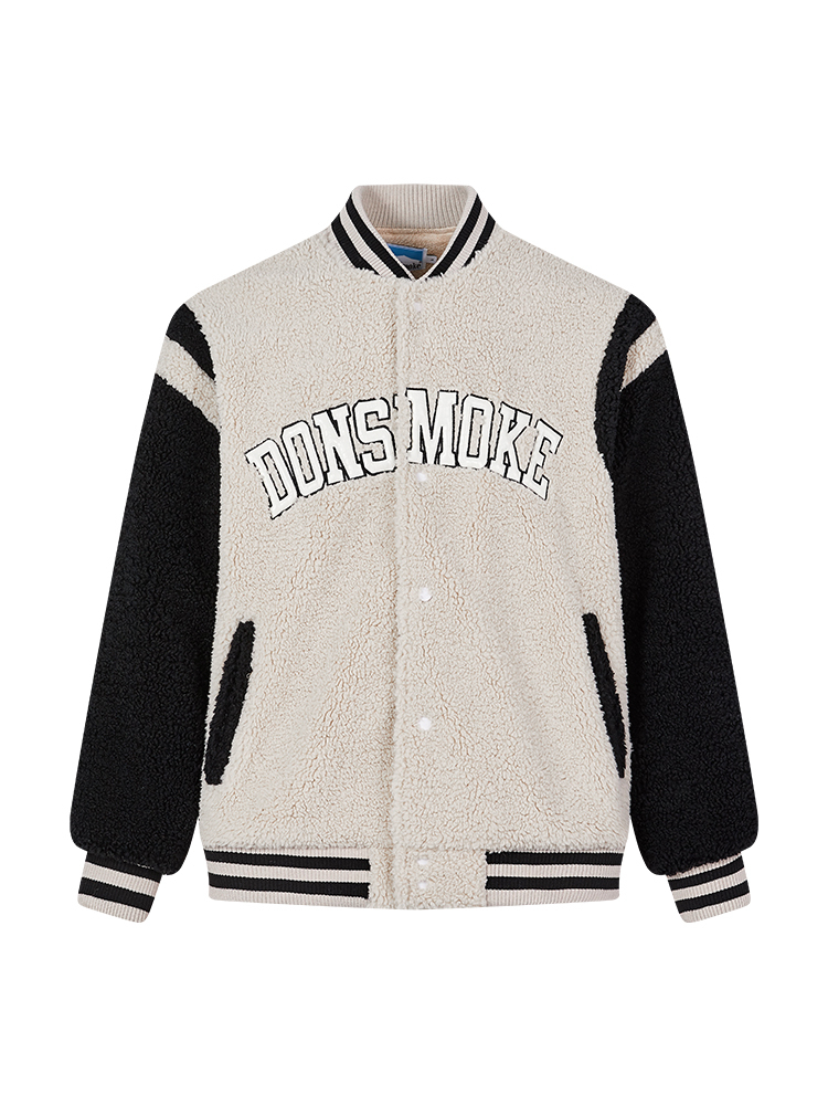I DON‘T SMOKE 鱷魚紋logo皮繡 拼接羊羔毛 棒球外套
