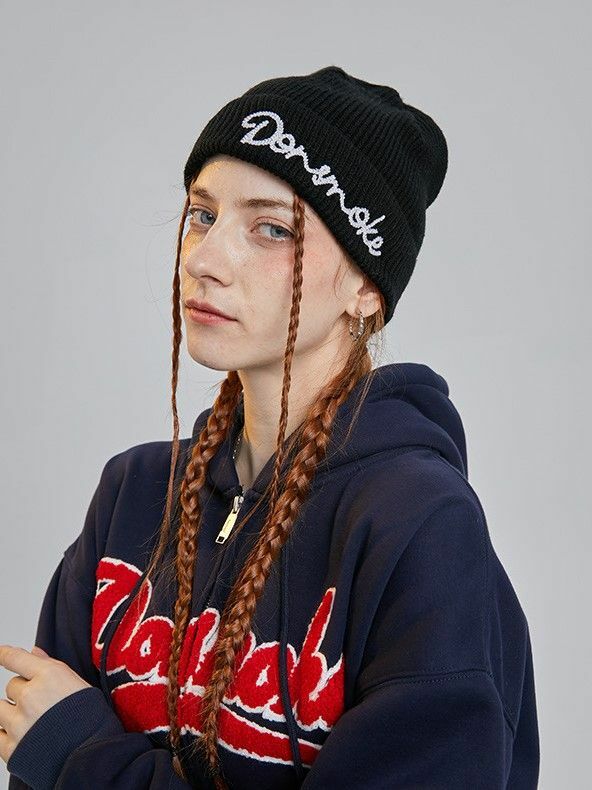 I DON‘T SMOKE 手繪字體 鏈條 繡花 毛帽