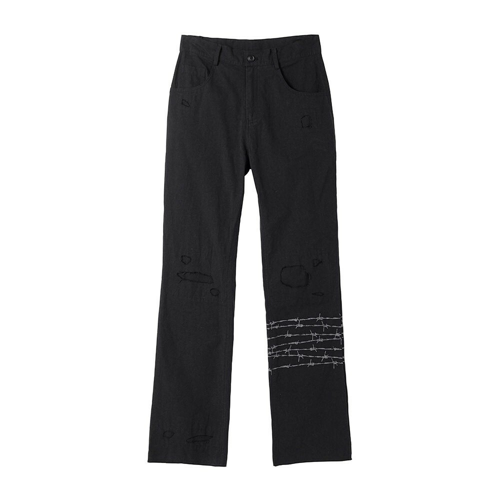 FOREVER ALONE 高街暗黑破壞 荊棘VIBE微喇叭長褲 顯瘦 修身 補丁