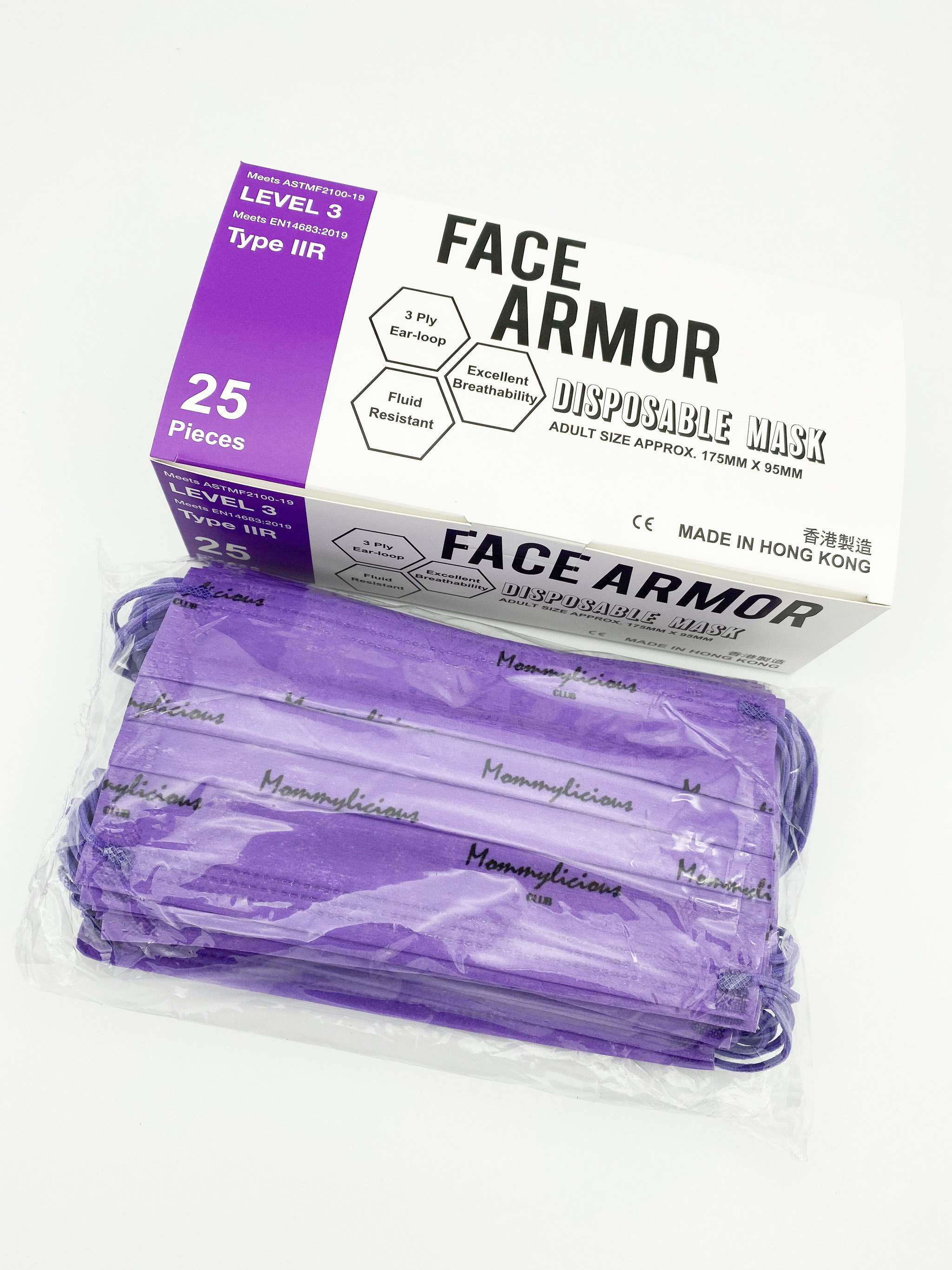 【MC LOGO（配紫色耳繩）】ASTM Level 3/ EN 14683 Type IIR【Face Armor】1盒共25片，非獨立包裝（香港製造）