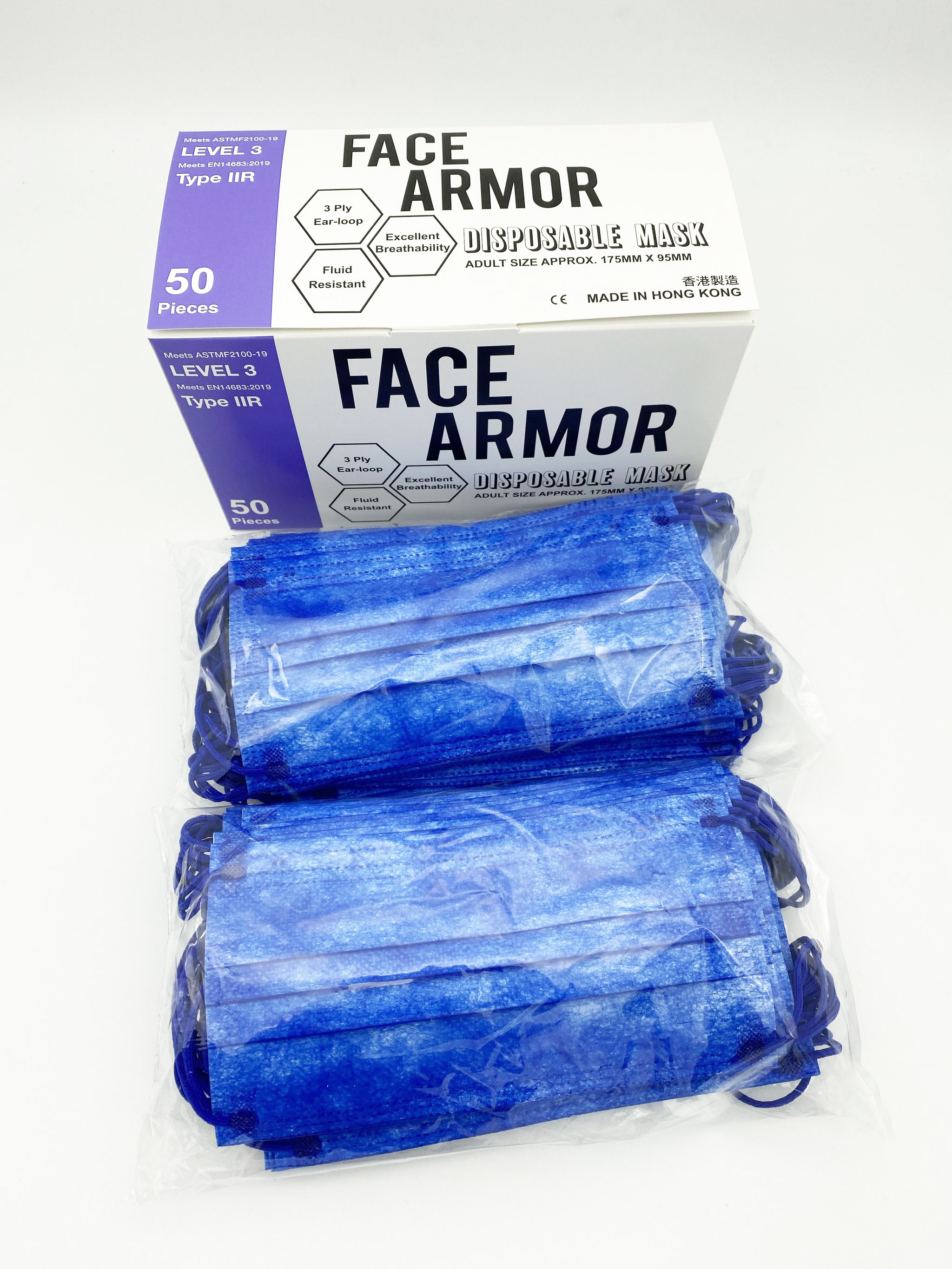 【成人口罩】全牛仔藍（配藍色耳繩）【Face Armor】 1盒共50片，非獨立包裝（香港製造）