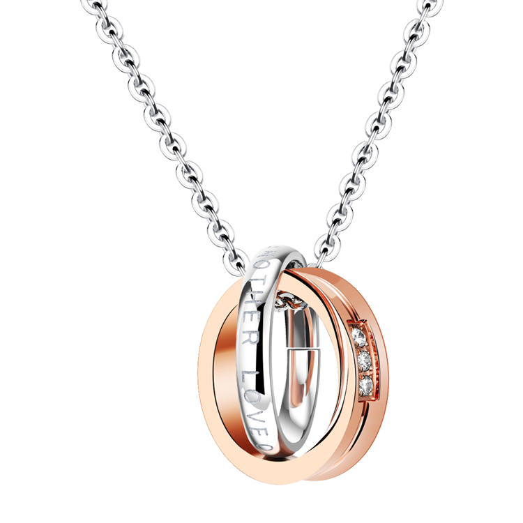 白鋼對鍊，情侶項鍊 雙環設計；Love One Another 彼此相愛（6894女）