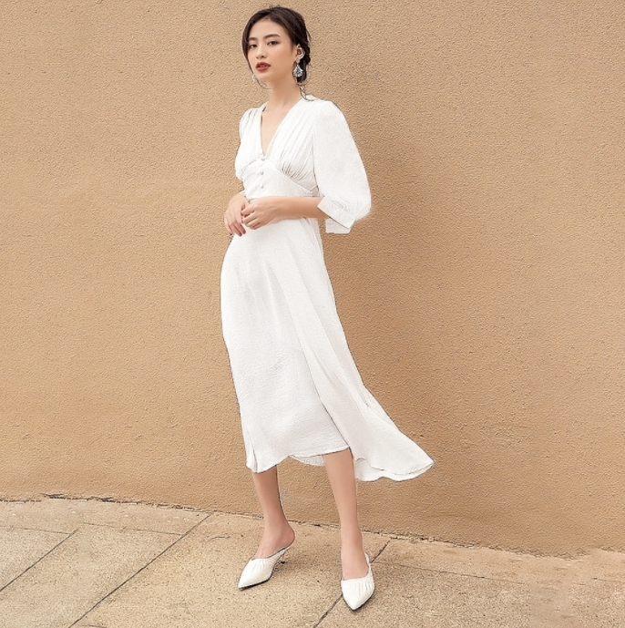 V領5分袖 法式雪紡洋裝