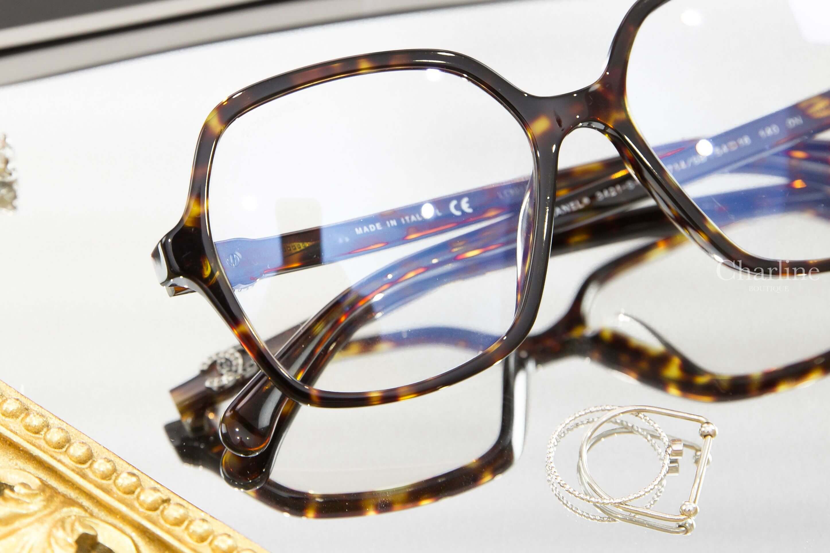 Chanel Butterfly Sunglasses 深棕色玳瑁蝴蝶形側邊黑銀水鑽皮穿鍊CC抗藍光鏡片平光眼鏡
